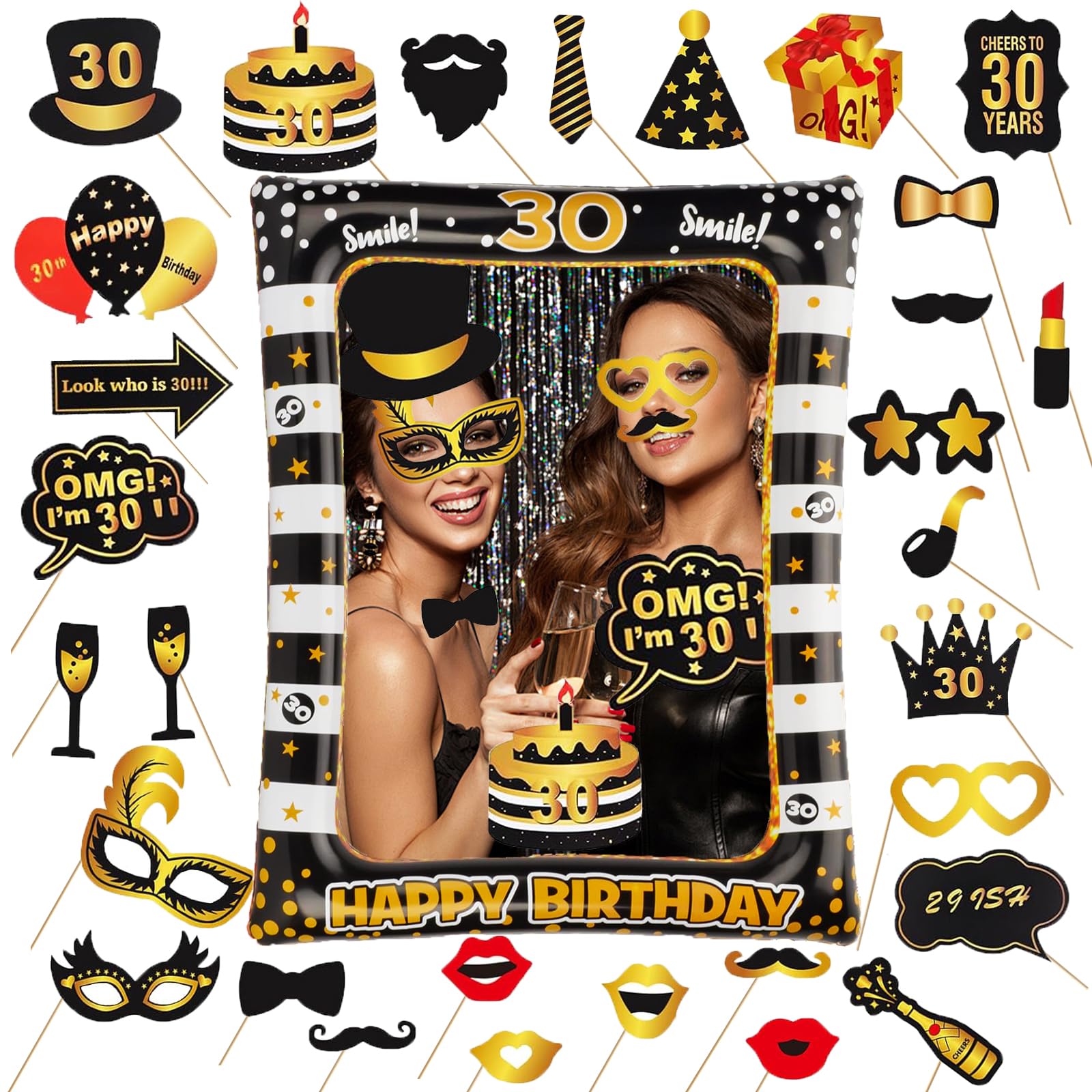 Acquwistach Black Gold 30Th Birthday Inflatable Frame, 31Pcs Photo Inflatable Booth Props, Gold Black Frame Decorations, Selfie Frame, For Her Him Birthday, Family Fun Holiday Party Supplies
