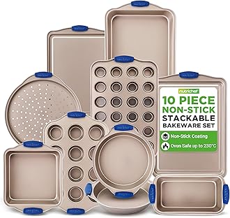 NutriChef Kitchen Oven Baking Pans - Deluxe Nonstick Gold Coating Inside & Outside Carbon Steel Bakeware Set with Blue Silicone Handles, Durable & Reliable Cookie Sheet Oven Pan Style