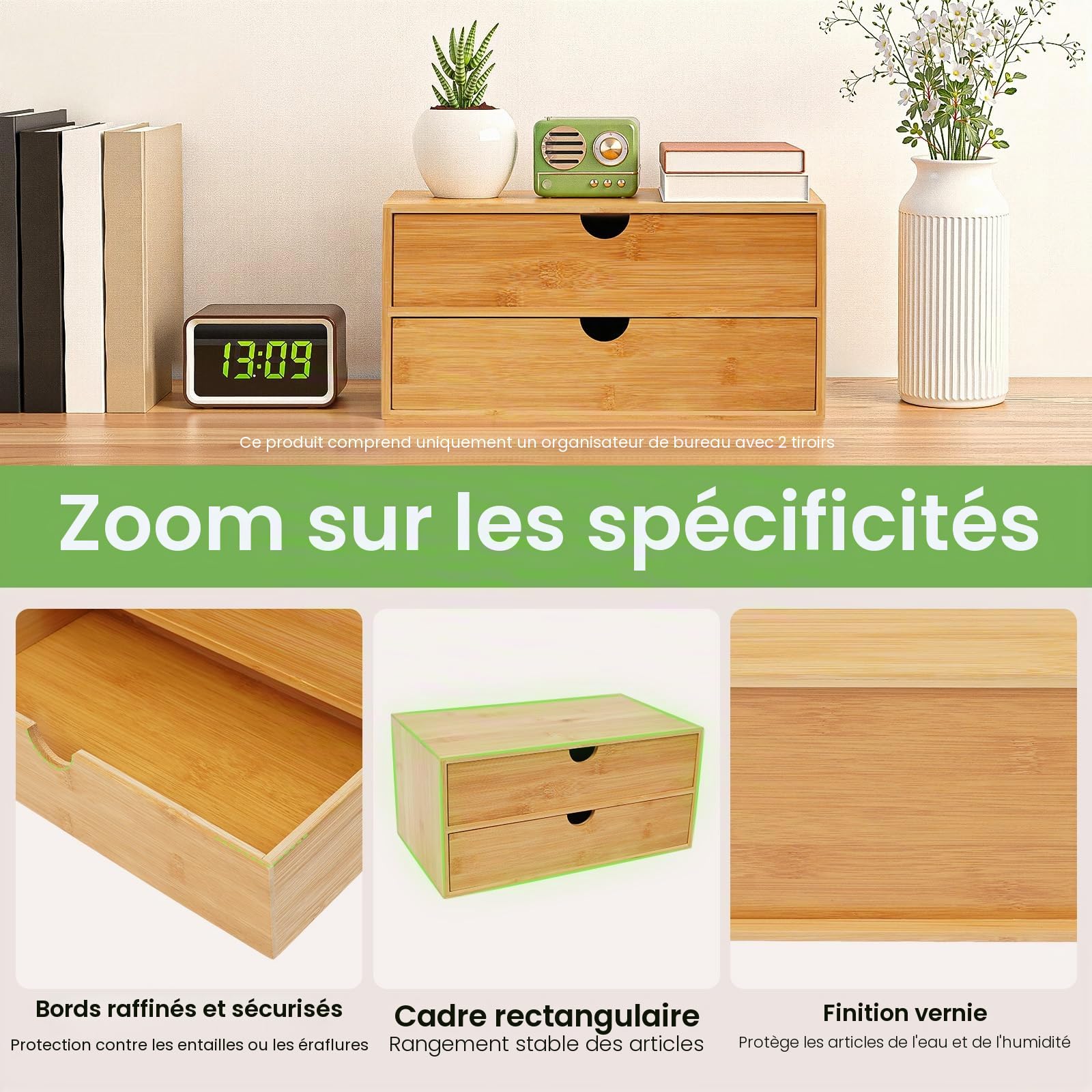 Organisateur de bureau, boîte à tiroirs en bambou, mini commode, design monobloc, boîte d'étagère boîte à maquillage avec 2 tiroirs pour bureau, salon et chambre à coucher