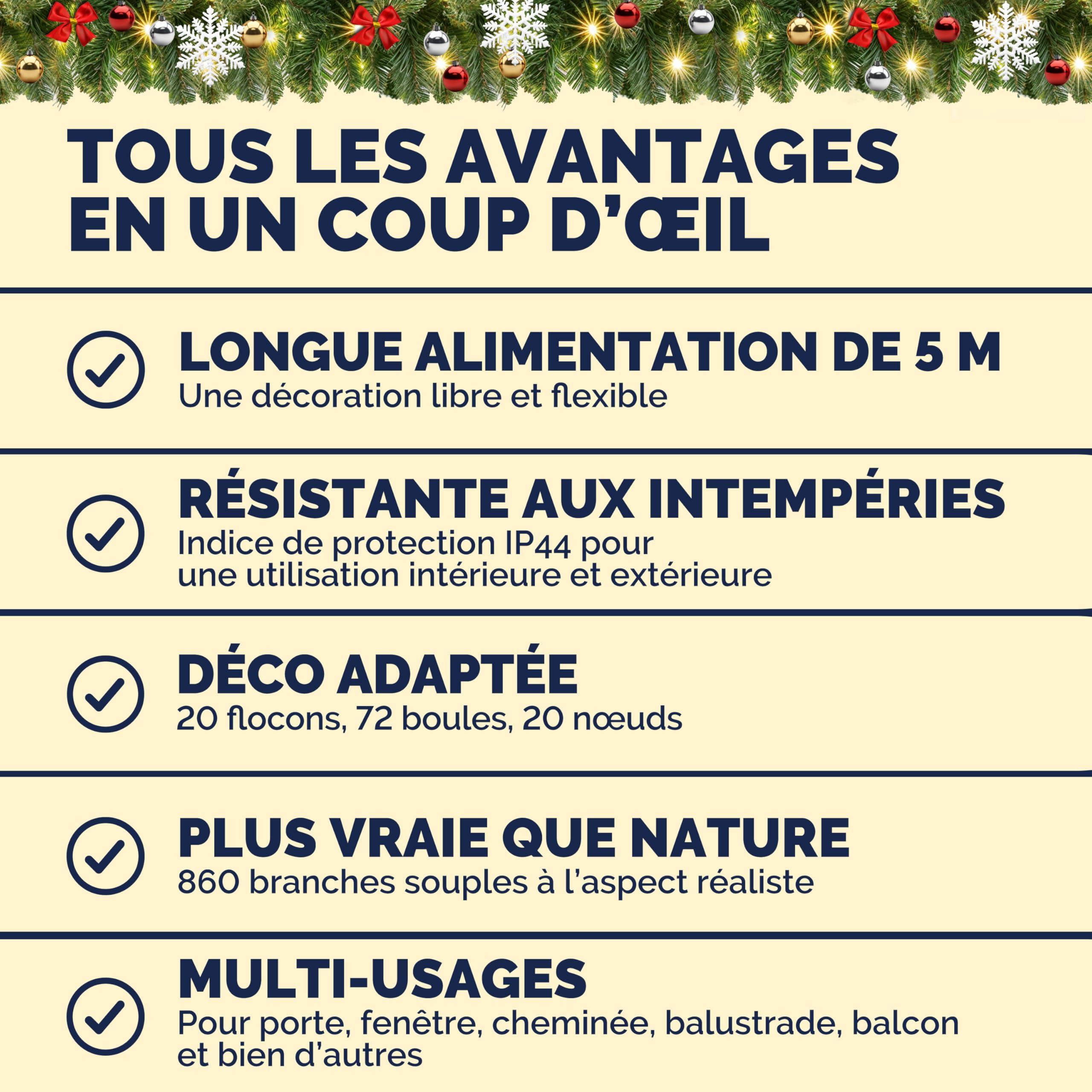 CASARIA® Guirlande de Noël Lumineuse 10m 160 LED Sapin Artificiel avec déco Décoration de noël intérieur extérieur | Décoration de noël intérieur extérieur, Longueur guirlande 10m et alimentation 5m, 72 boules, 20 noeuds, 20 flocons