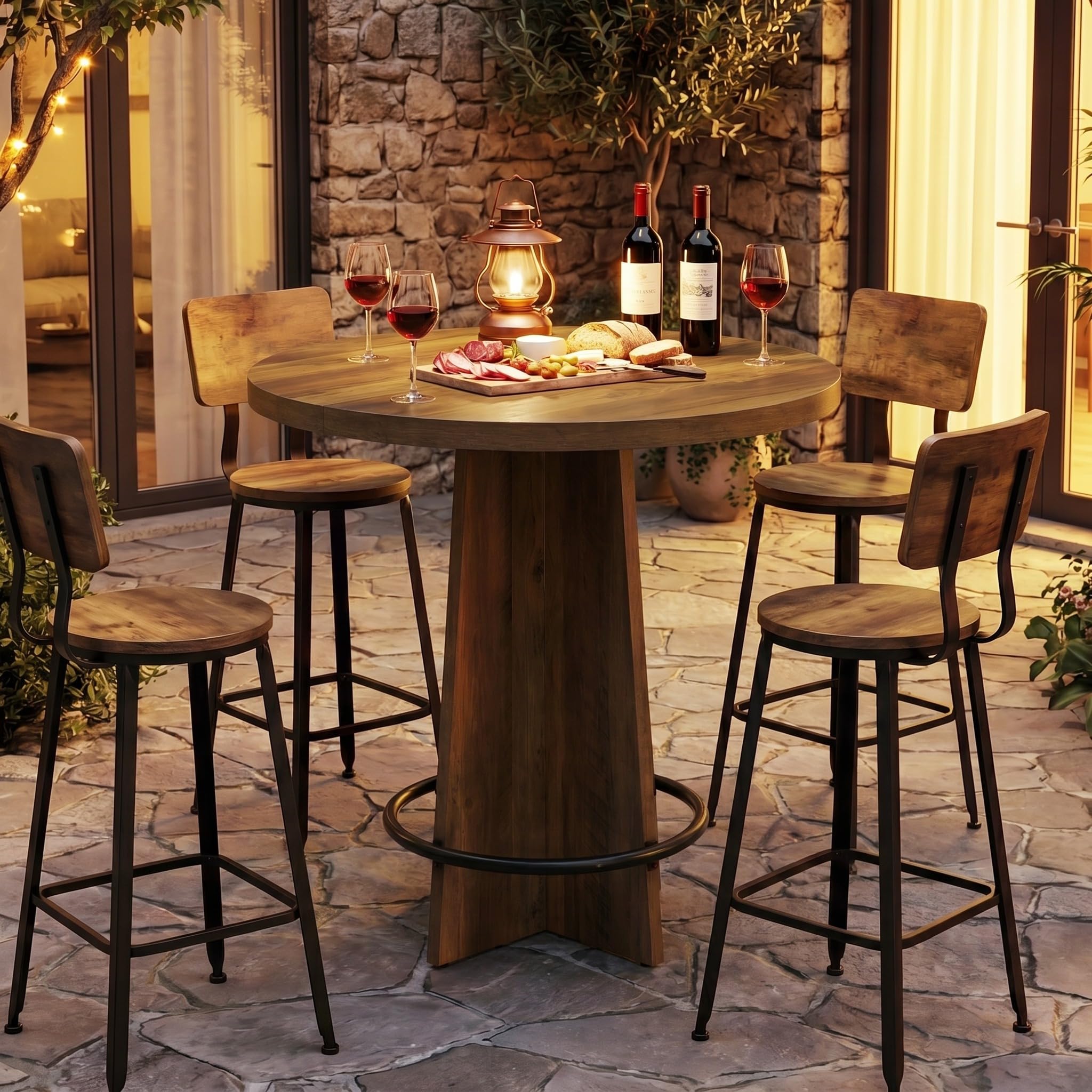 Tribesigns Tavolo rotondo da bar, alto 95 cm, in legno, Tavolino da Cocktail con base e poggiapiedi ad anello in metallo, per caffetteria, casa, piccoli spazi, marrone (solo tavolo)