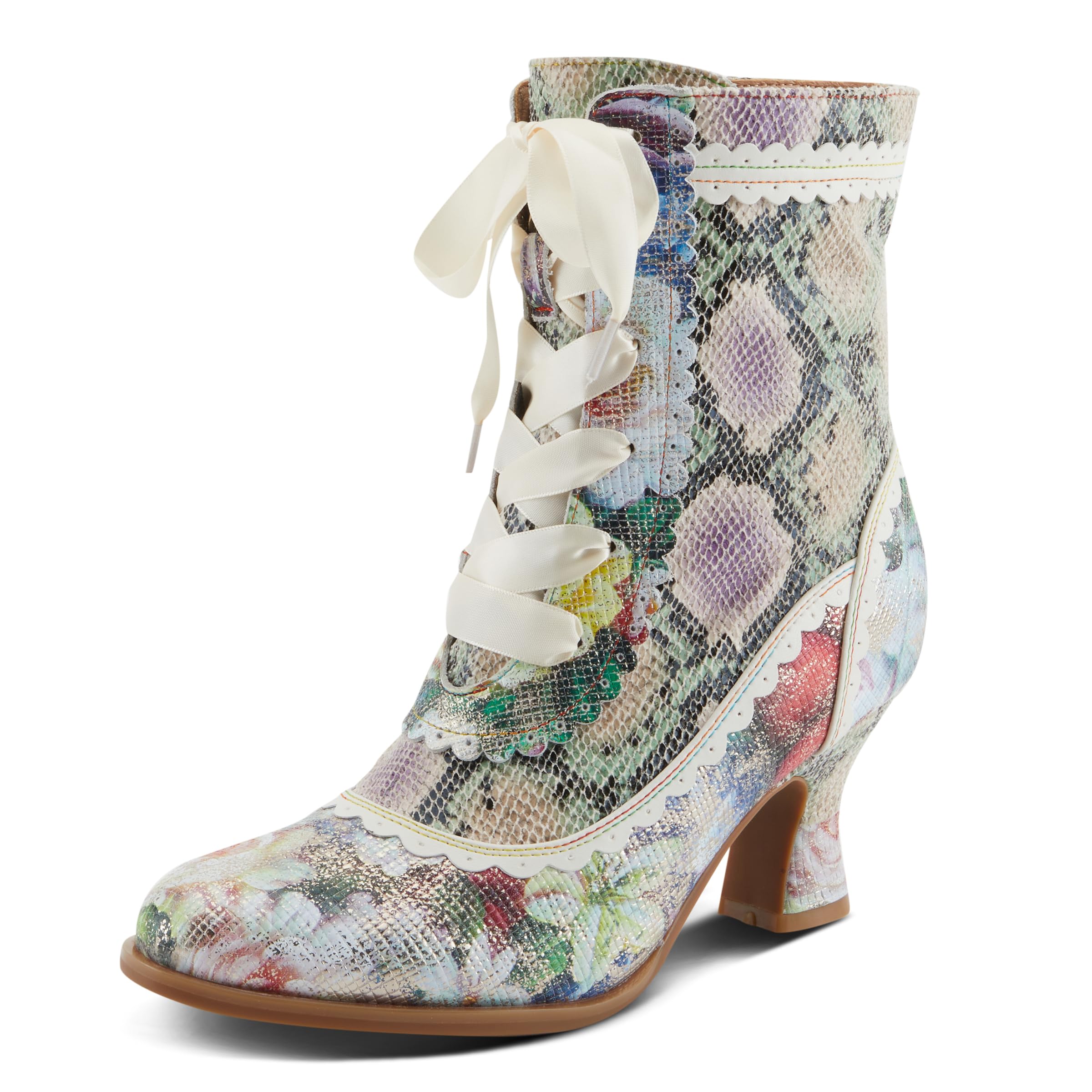 Spring Step L'Artiste Women's BEWITCH-PYTHON Metallic Animal Print Boots - Satin Ribbon Lace, Inside Zipper, Salsa Heel