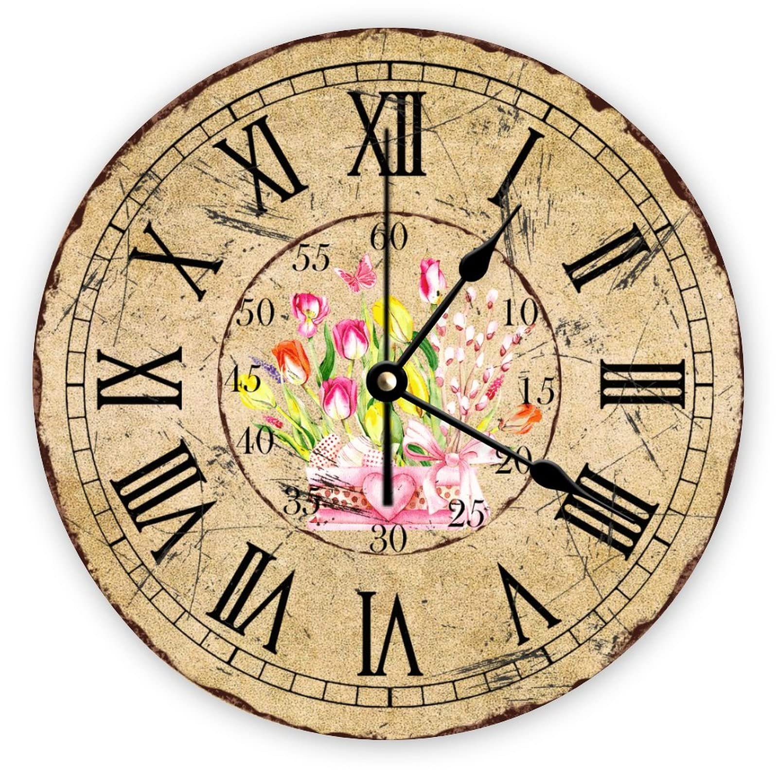 Horloge murale cuisine silencieuse bois rétro vintage 38 cm fleurs