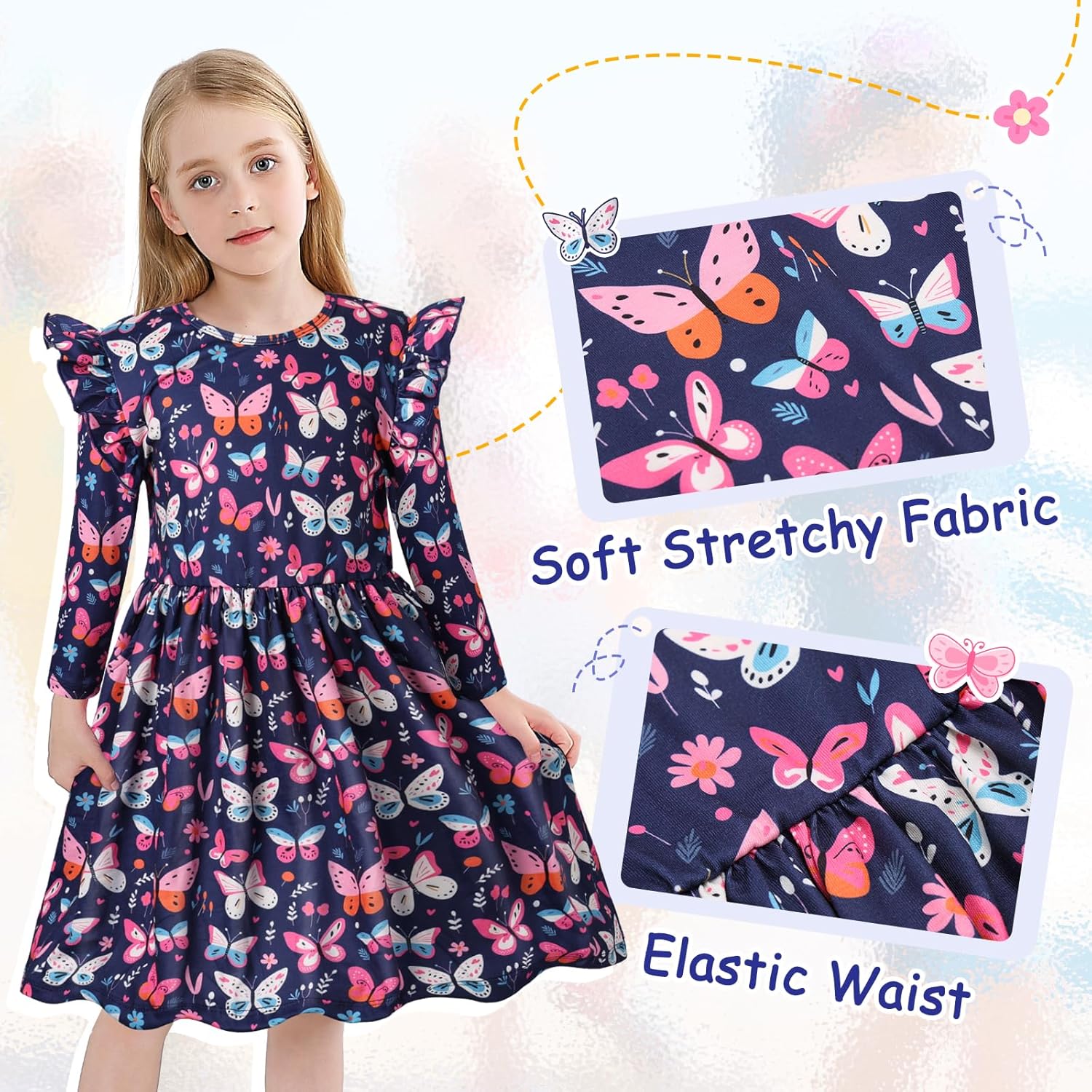 VASCHY Girls Dress, Cute Twirly Stretchy Casual Dress with Pockets Ruffle Sleeve for Toddler/Little/Big Kid Girls Clothing - Image 3