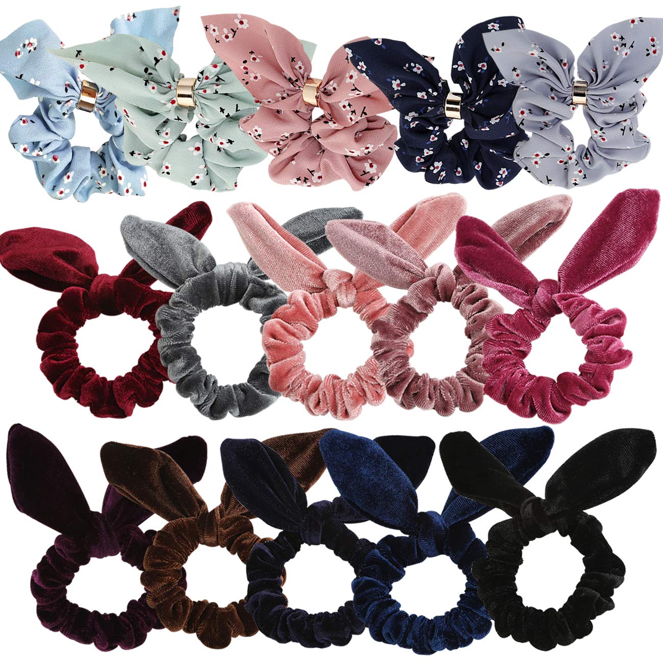 WillingTee 15pcs Women's Hair Scrunchies Velvet Scrunchy Rabbit Ear Elastic Hair Bands Chiffon Rabbit Ear Hair Scrunchies Elastic Hair Ties for Girls and Women