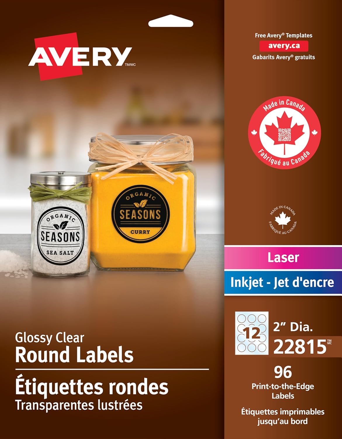 Avery Clear Glossy Round Labels, 2" Clear Round Labels, for Laser/Inkjet Printers, Transparent Glossy, Permanent, 96/Pack (22815) Made in Canada