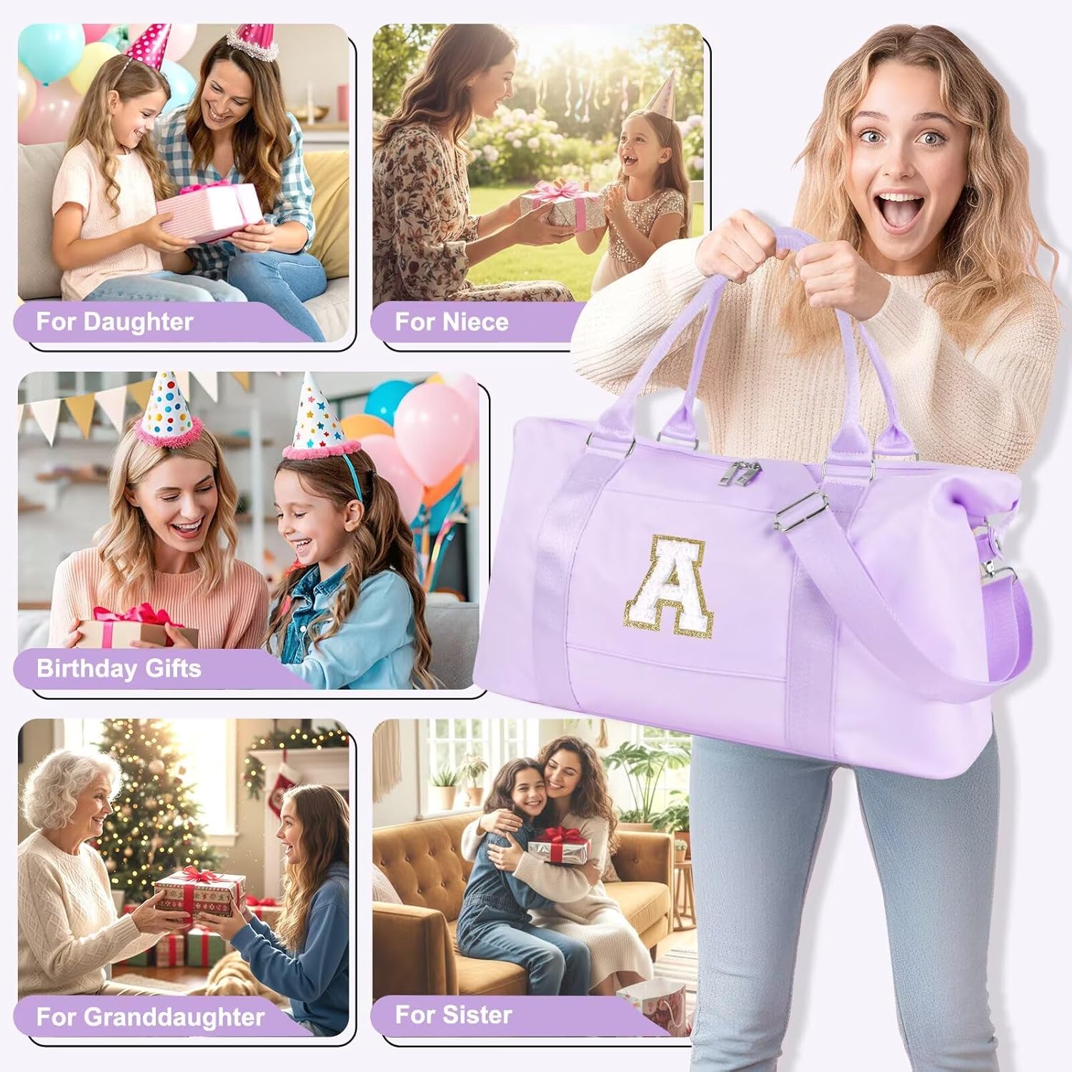 Dance Gym Duffel Bag for Teen Girls, Personalized Initial Travel Weekender Bag,Cute Overnight Carry On Duffle for Women,Sports Travel Cheer Bag,Monogram Christmas Gifts for Tween Preppy(purple-A) - Image 3