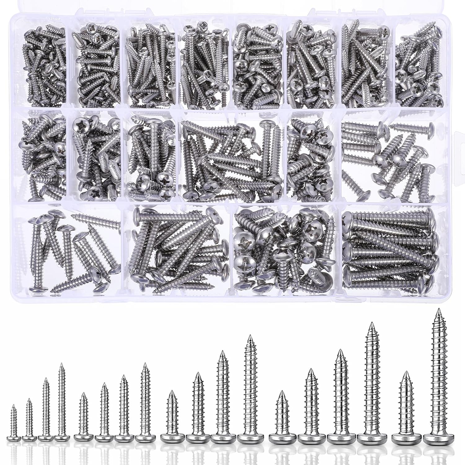550Pcs 304 Stainless Steel Wood Screws Kit, Phillips Pan Head, Self Tapping, Length 1/4" to 1-1/2", Silver