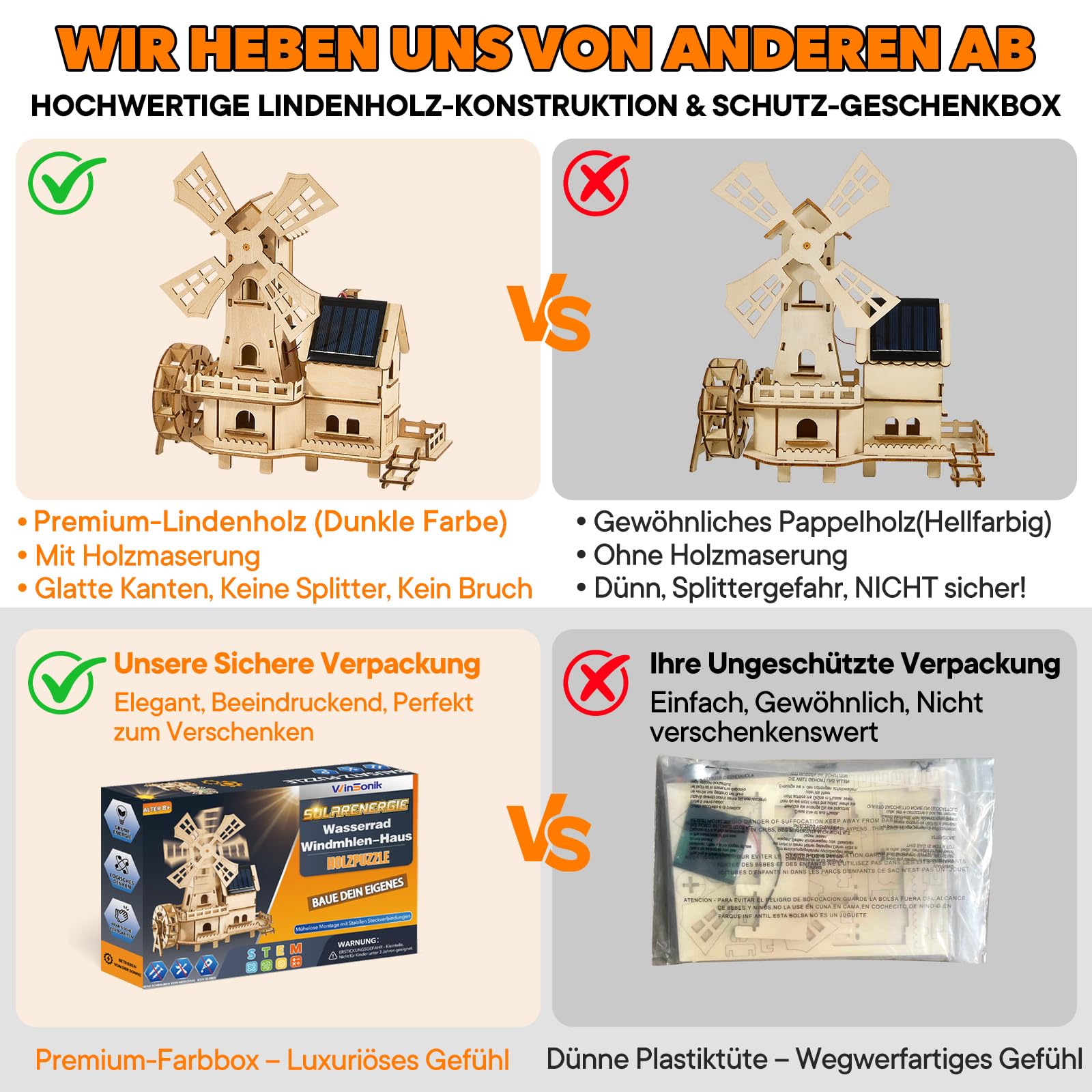Puzzle solaire 3D en bois - Kit de construction à monter soi-même sans outil - Roue à eau - Kit de construction de moulin à vent hollandais - Expériences de menthe pour enfants de 8 à 15 ans et