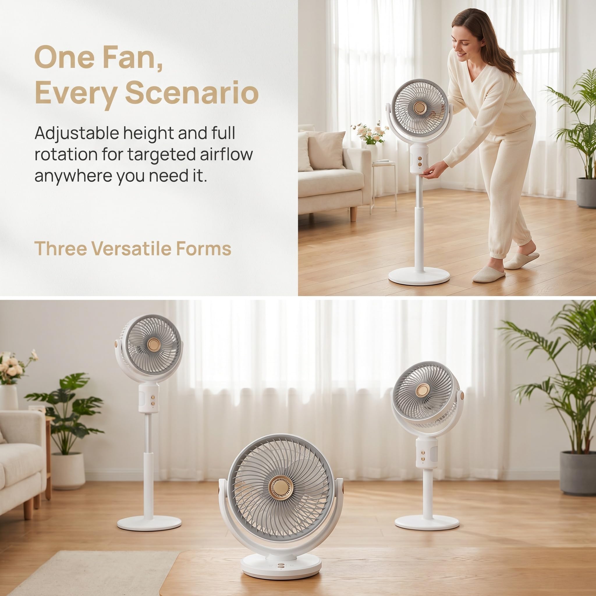 Ventilatore a Colonna, Ventilatore a Circolazione d'Aria 2 in 1 da Tavolo e Pavimento, Altezza Regolabile 36-85 cm, Ventilator Oscillante 360° con Telecomando e Timer 8h, Silenzioso per Casa