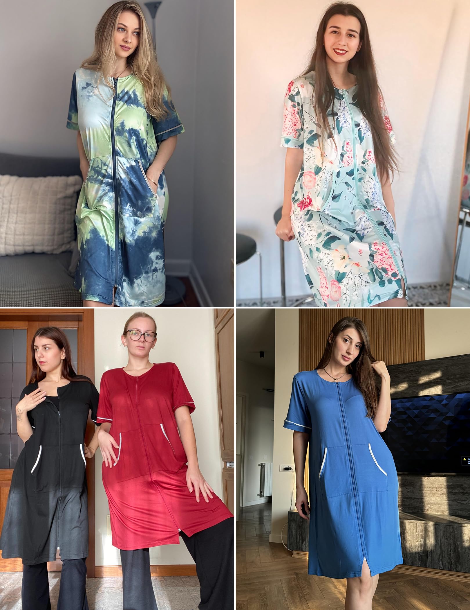 Ekouaer Bata corta con cremallera para mujer, bata de baño corta con cremallera frontal y bolsillos, tallas S-3XL