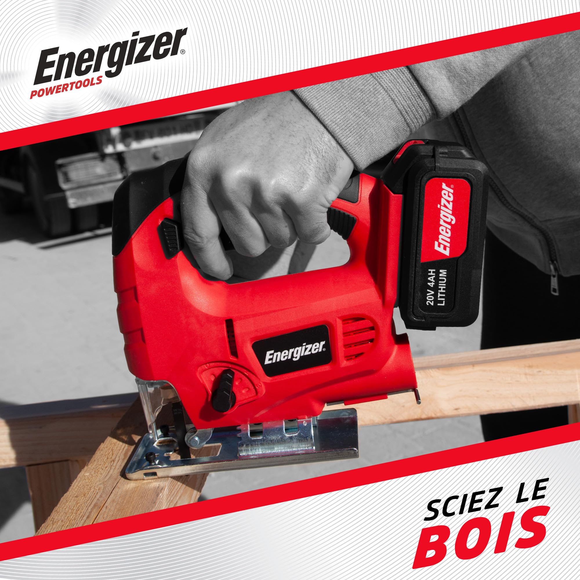 Energizer - Sierra de calar inalámbrica 20 Voltios – 2300 OPM, corte madera 80 mm/metal 6 mm – Incluye 2 baterías 20V 2AH + cargador - Cambio rápido de hoja sin herramientas, conexión para aspiració