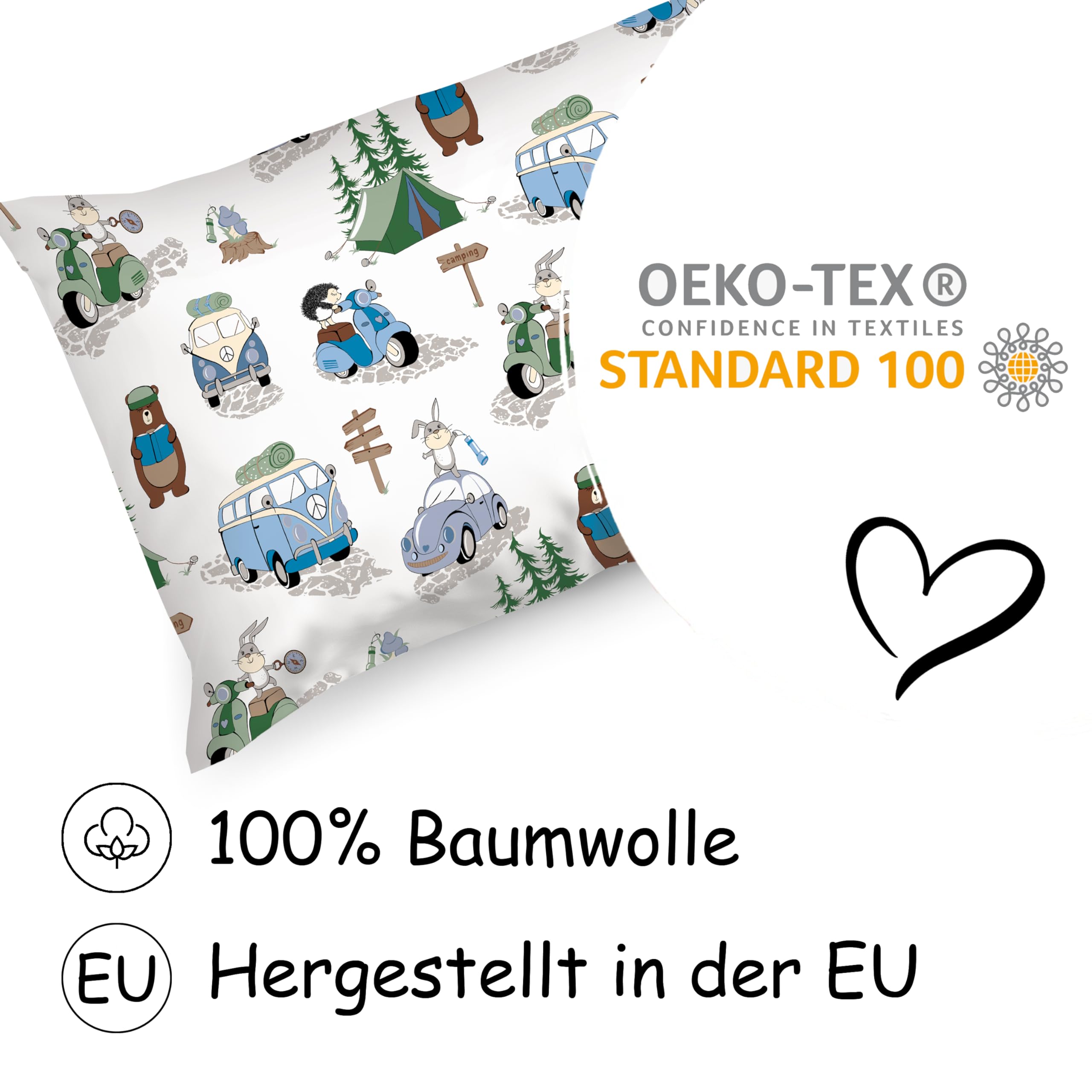 PinkZebra Funda para almohada para niños, funda 50 x 70 cm, 100% algodón, funda para almohada, certificado Oeko-Tex Standard 100, funda para niños con cremallera, Kamping