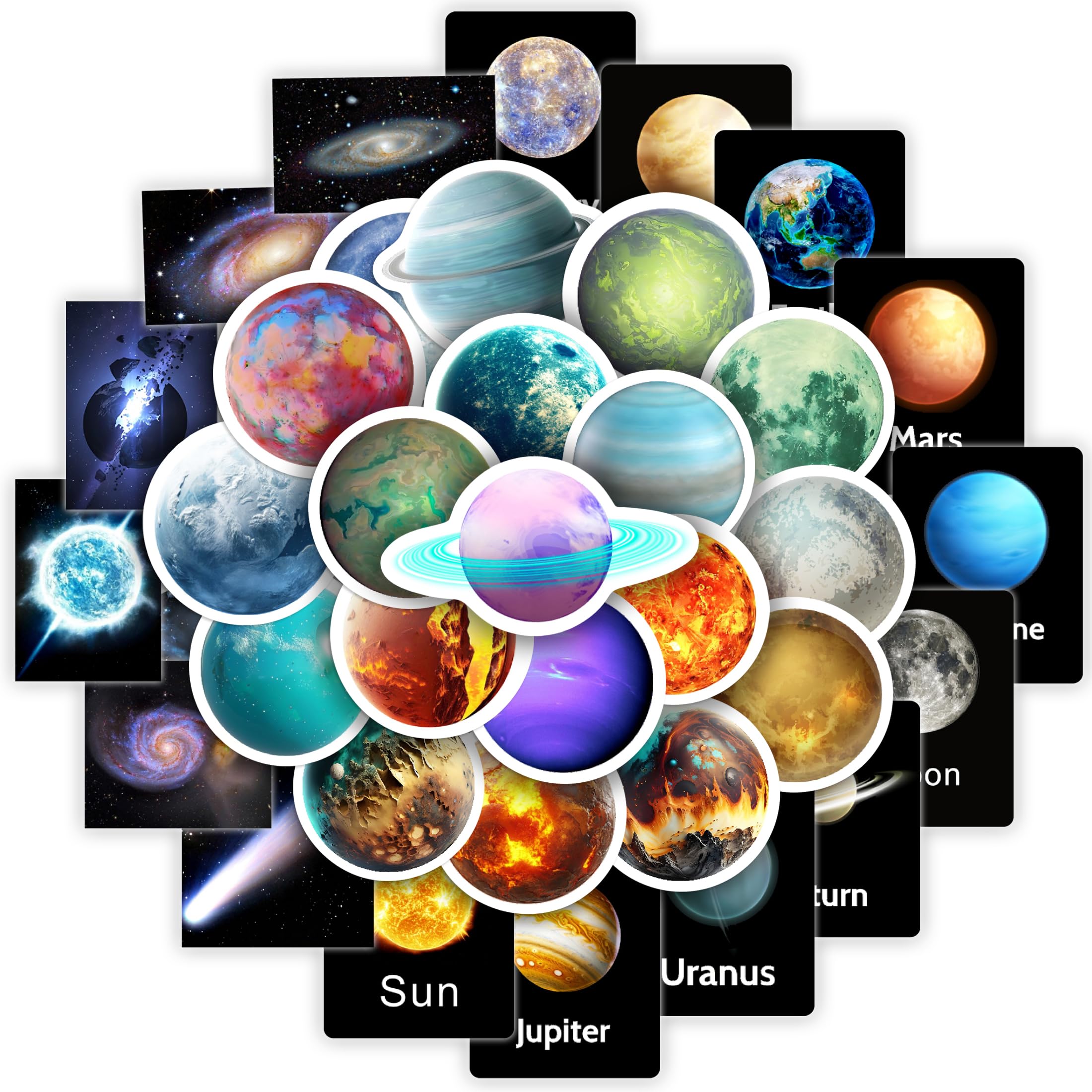 55 PCS Planet Solar System Water Bottle Stickers for Kids, Vinyl Space Waterproof Stickers Pack for Laptop Phone Case, Colorful Planets Decals for