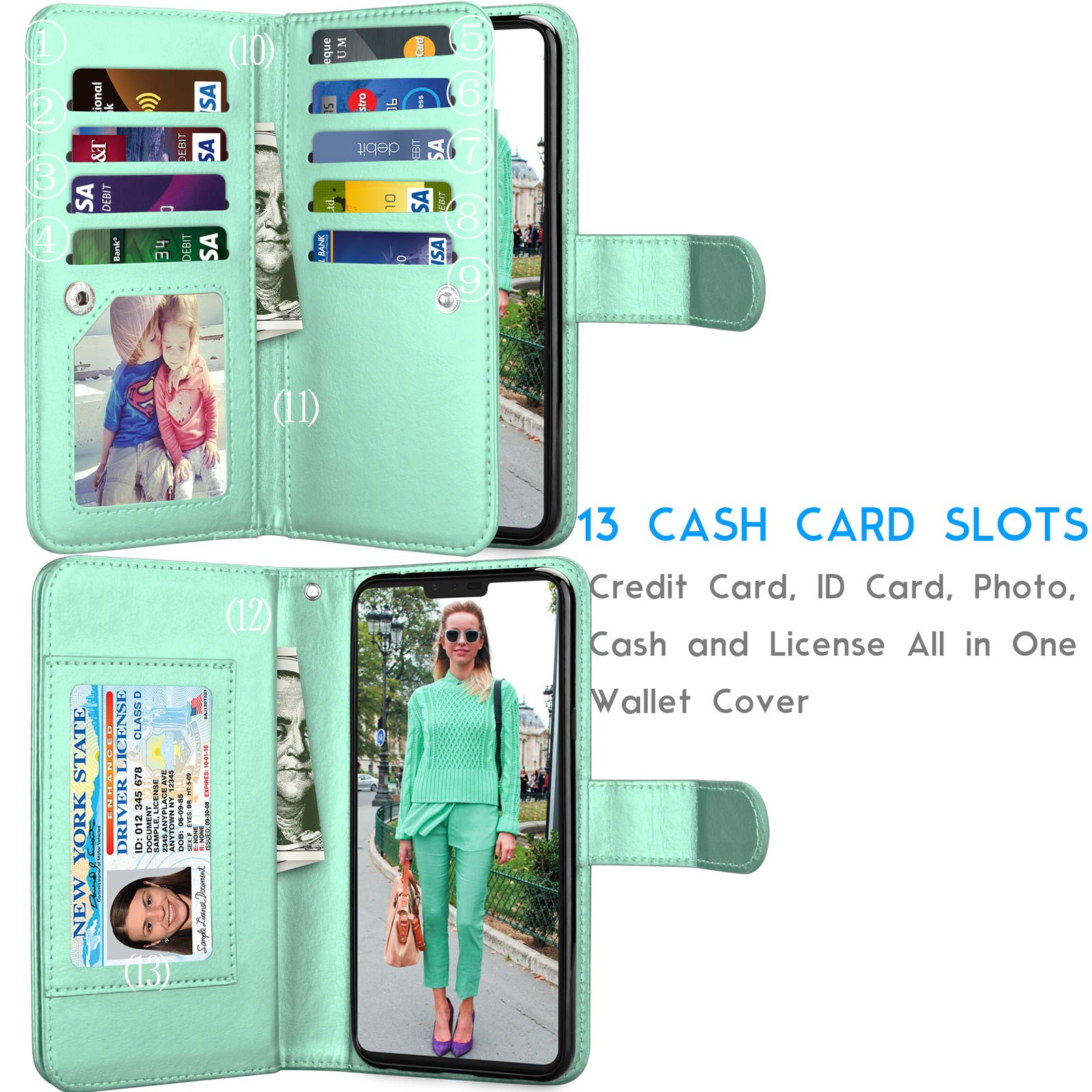 Tekcoo Wallet Case for LG V40 / LG V40 ThinQ, Tekcoo Luxury ID Cash Credit Card Slots Holder PU Leather Purse Folio Flip Carrying Cover Cases [Detachable Magnetic Hard Case] Kickstand - Turquoise