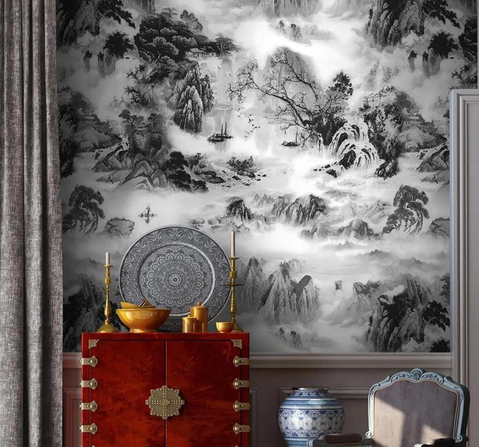 XLMING Hand Drawn Black and White Ink Wash Landscape Scenery 3D Wallpaper Silky Texture Home Study Office Grey Dining Room Sofa Bedroom Living Room TV Backdrop-200cm×140cm
