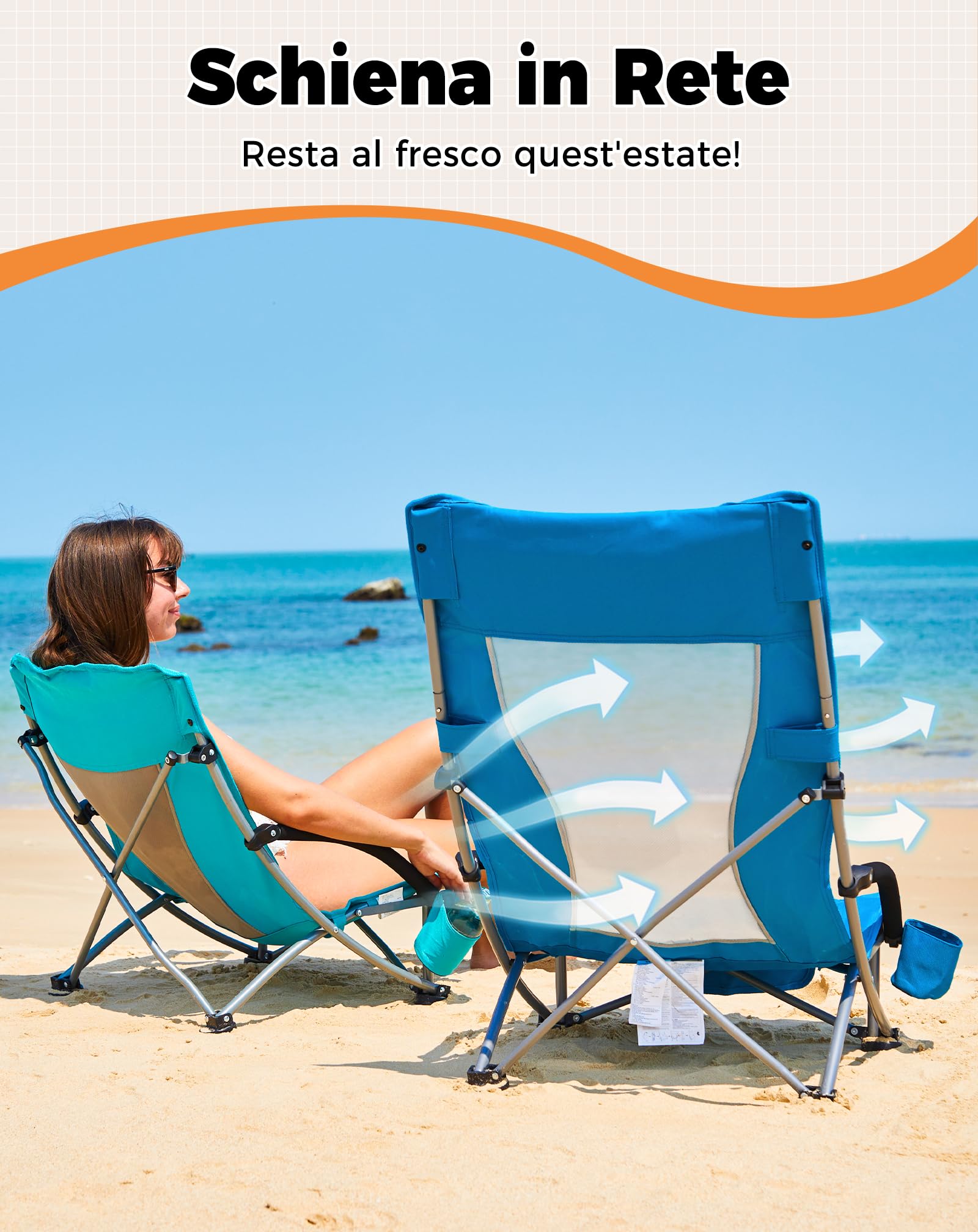 KingCamp Set di 2 Sedie da Spiaggia Pieghevoli Portata 180kg Cuscino Imbottibile Ciano