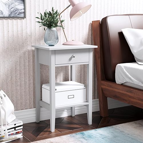 RAAMZO - Mesa auxiliar de noche con cajón y estante inferior de 28 pulgadas de alto