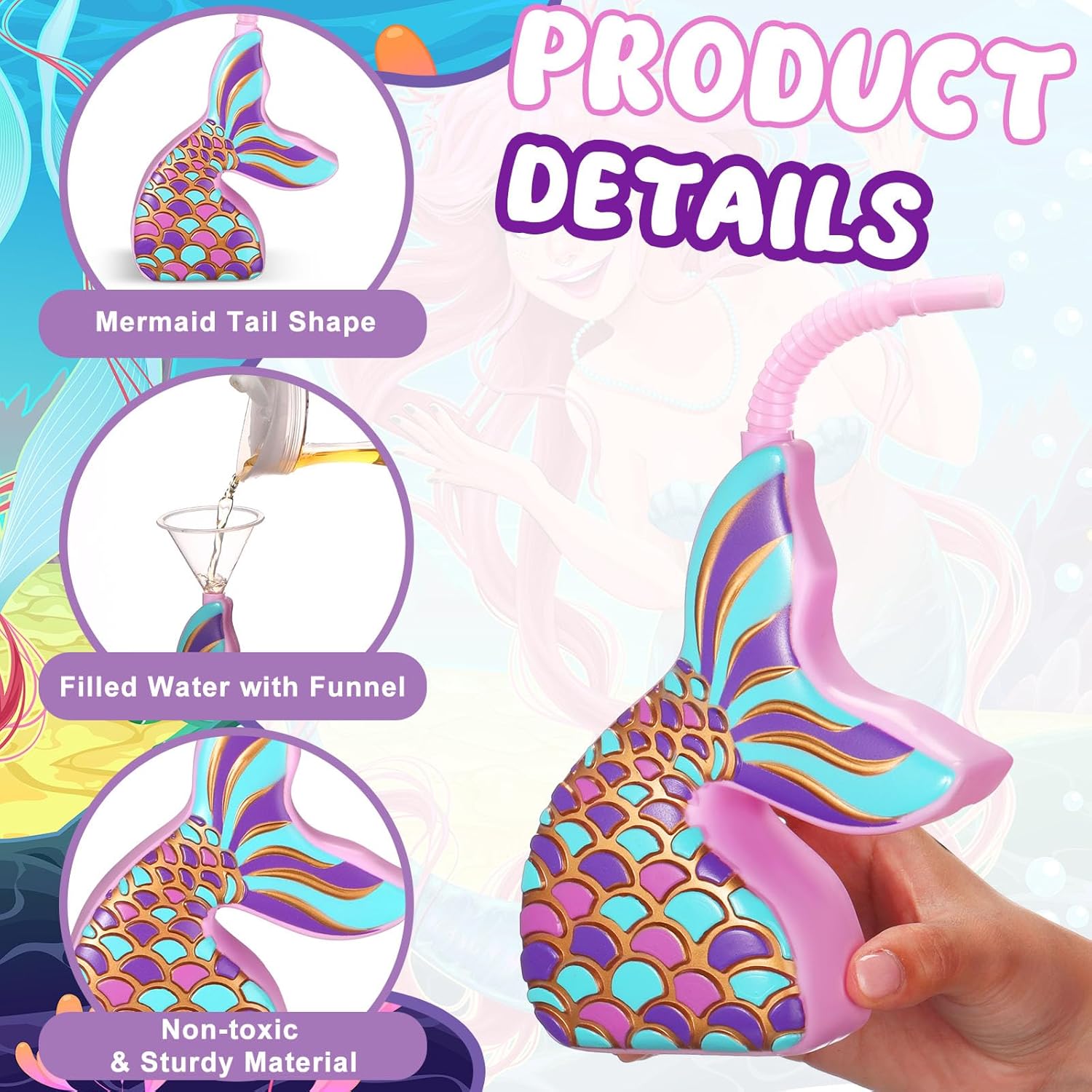 Tanlade Mermaid Cups with Straws 10 oz Plastic Mermaid Drink Cup Reusable Ocean Party Favors for Birthday Baby Shower Party Favors(12 Pcs)