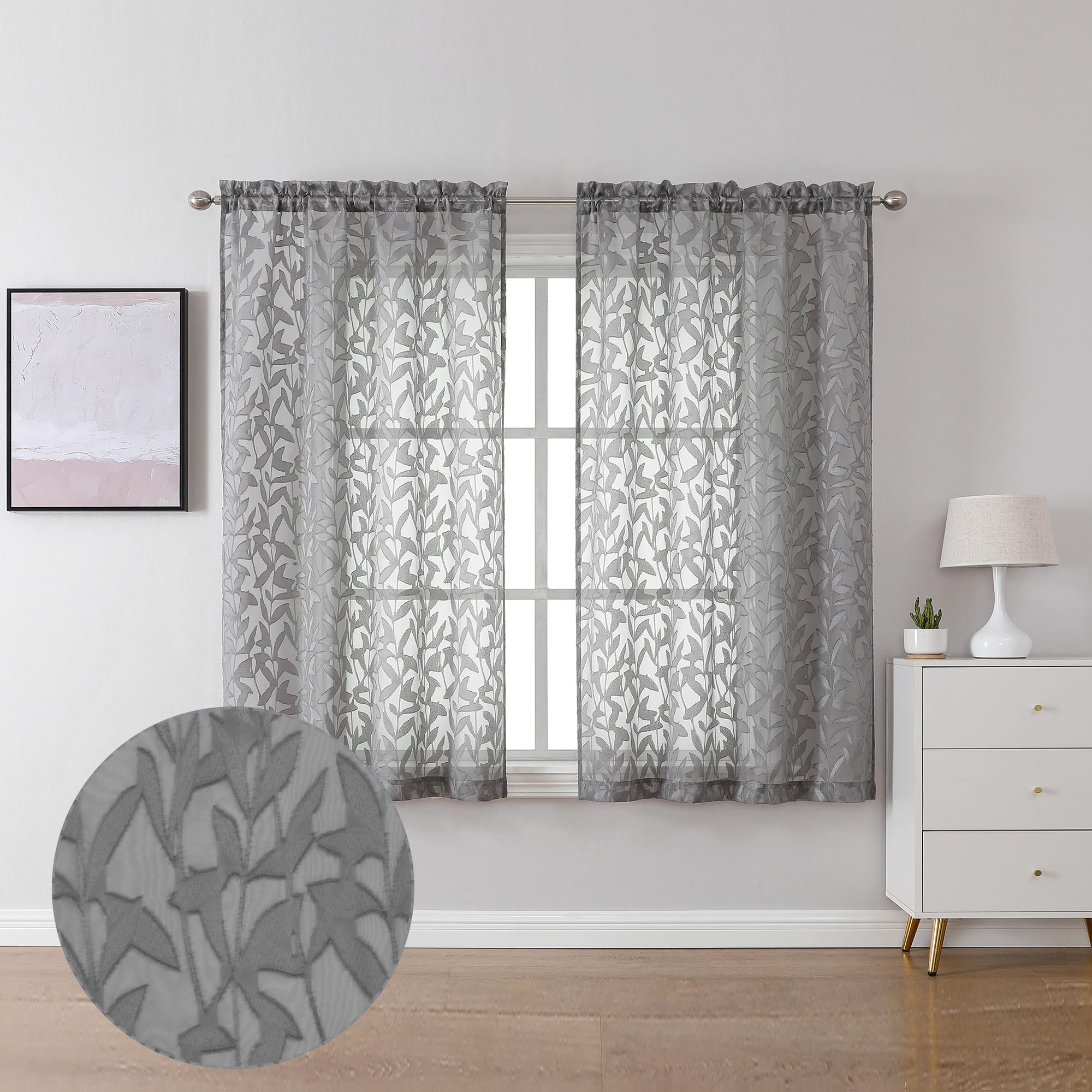 Lecloud Leia Living Room Charcoal Grey Sheer Curtains 45 Inches Length 2 Panels, Double Rod Pocket Window Voile Gray Curtain for Bedroom, Jacquard Textured Leaf Short Kitchen Drapes, 38W x 45L — image 1