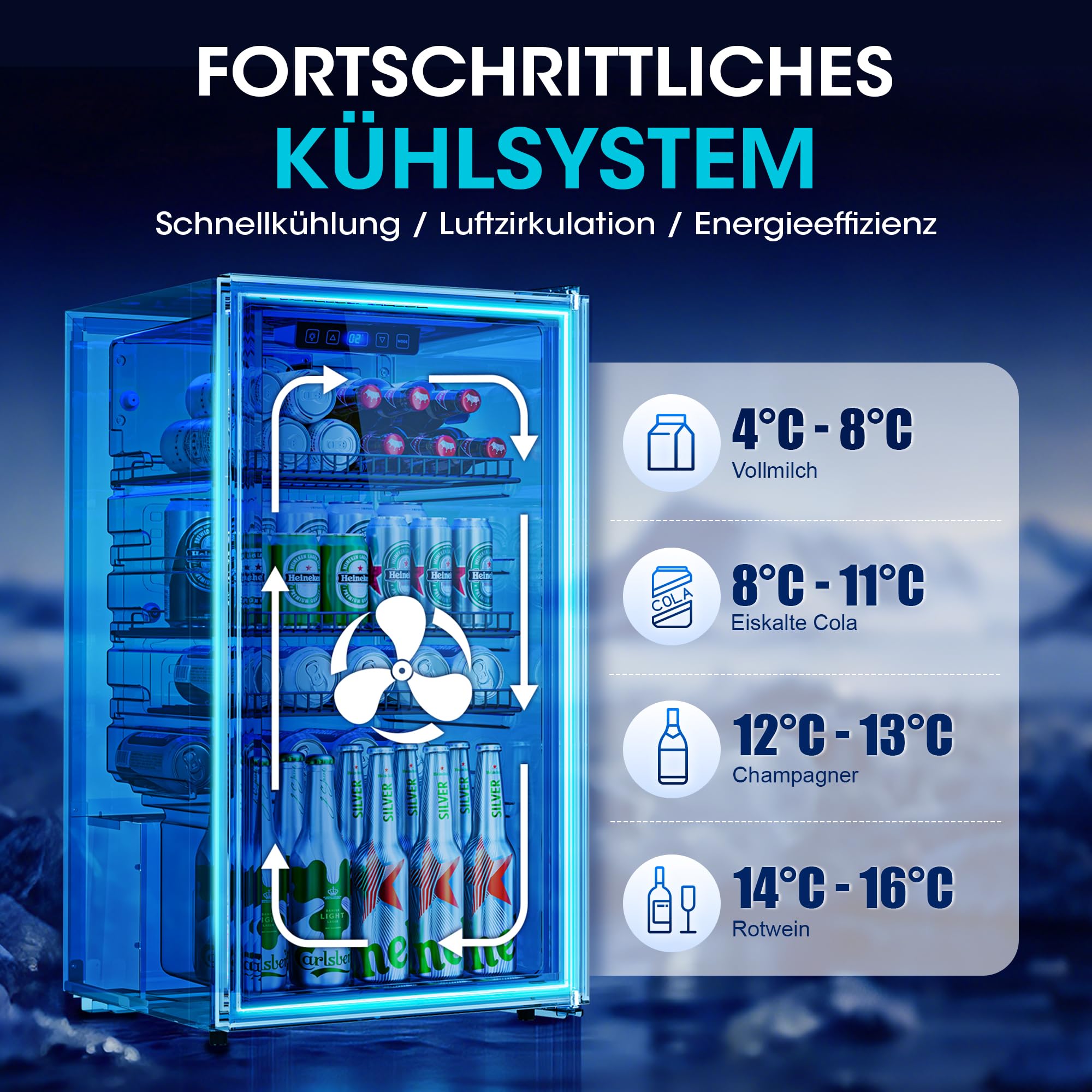 JUMMICO 90L Getränkekühlschrank mit Glastür, 125 Dosen Kapazität, verstellbare Regale, Kompakt-Design