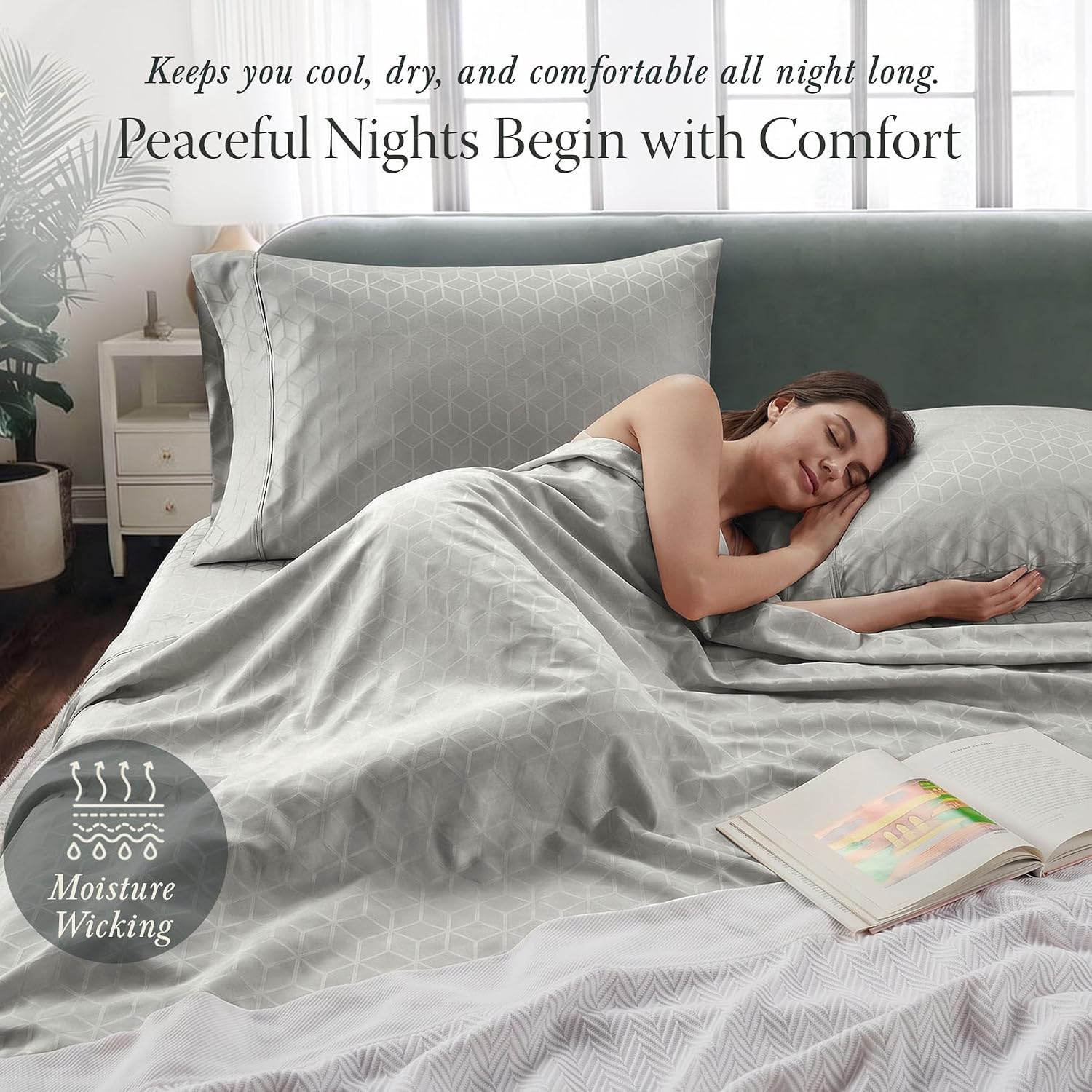 Threadmill 400TC Egyptian Cotton Queen Sheet Set, Damask, Light Grey image 4