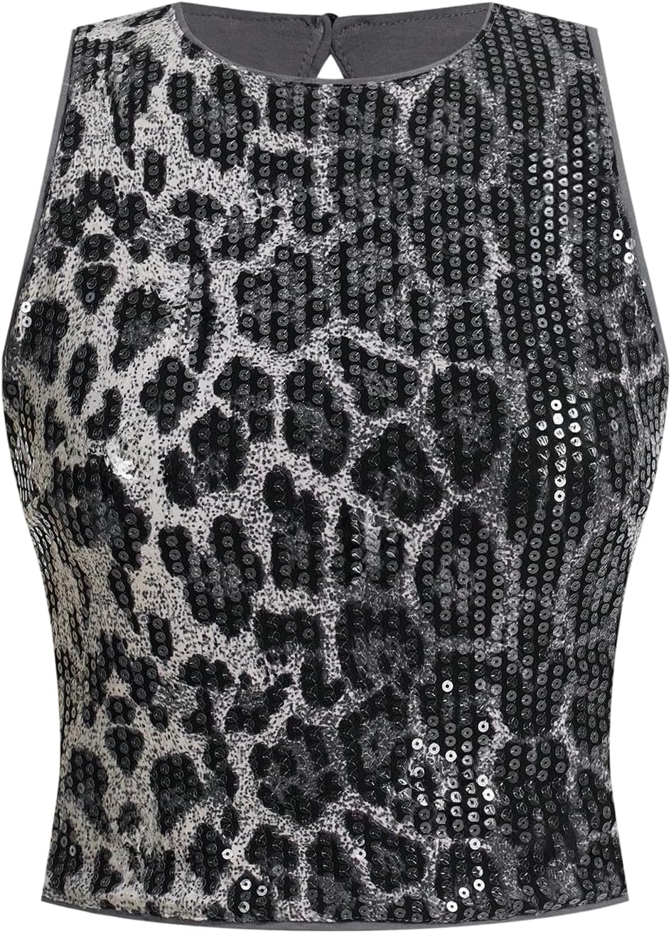 Floerns Women's Y2k Cheetah Tank Tops Sleeveless Shiny Sequin Date Night Party Camisole