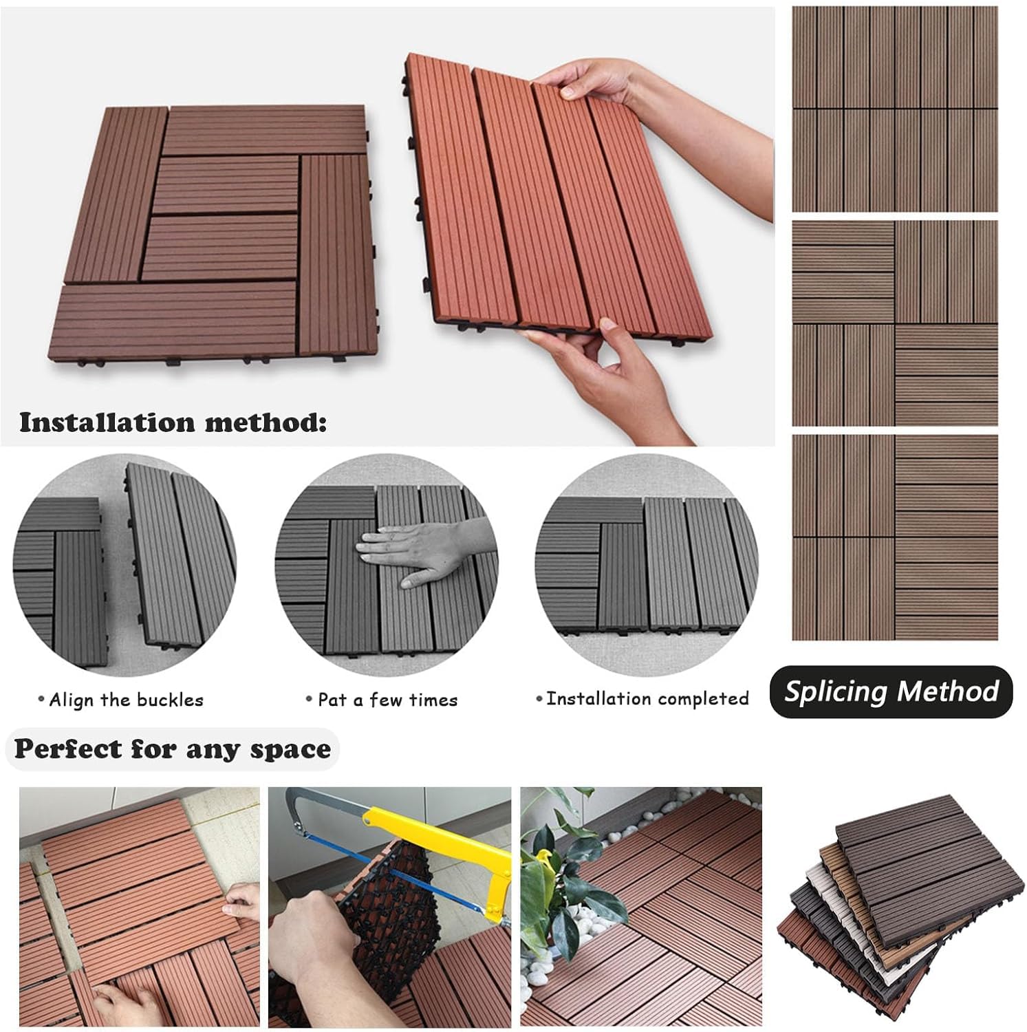 Dalles et lames de terrasse en composite, Bois emboîtable - Carreaux de terrasse intérieur et extérieur multicolores paquet de 10(A-White)