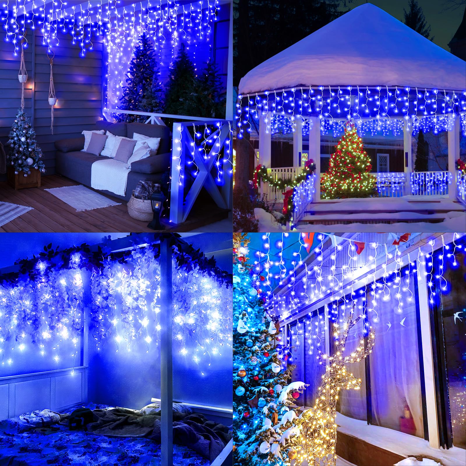 KNONEW Luces LED de Navidad, 100 pies 1216 LED 8 modos, cortina de hadas de alambre transparente LED String Decoración para Navidad, Acción de Gracias Halloween Fiesta Fondos Decoraciones (azul)