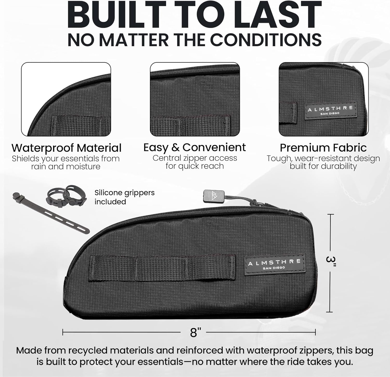 ALMSTHRE Top Tube Bag Bundle - Black | Top Tube Bike Bag, Bike Saddle Bag & Ride Wallet Set | Top Tube Bag with Straps, Bolts & Tether Cord | Waterproof Zippers Across All Items