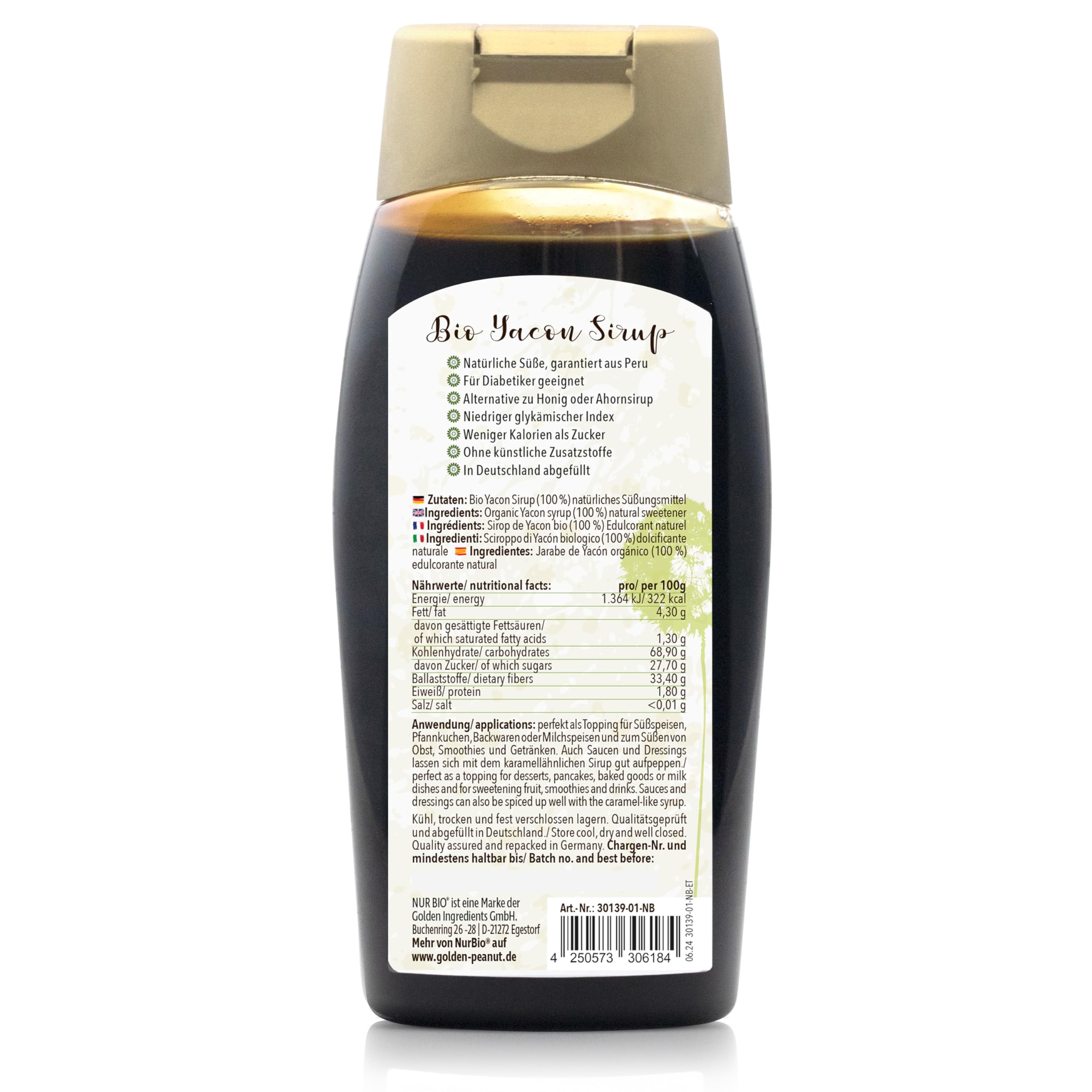 NUR BIO Yacon Sirup BIO 450 g, natürliche Süße aus der Yaconwurzel, ohne Zusätze, höchste Reinheit, vegan, Bio zertifiziert DE-ÖKO-003