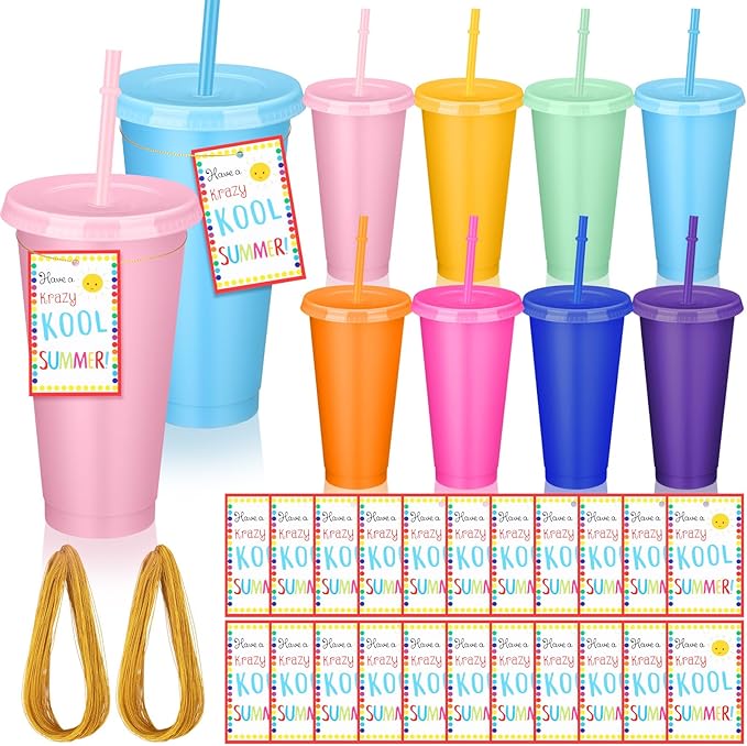 Ten colored tumblers with string and two rows of gift tags