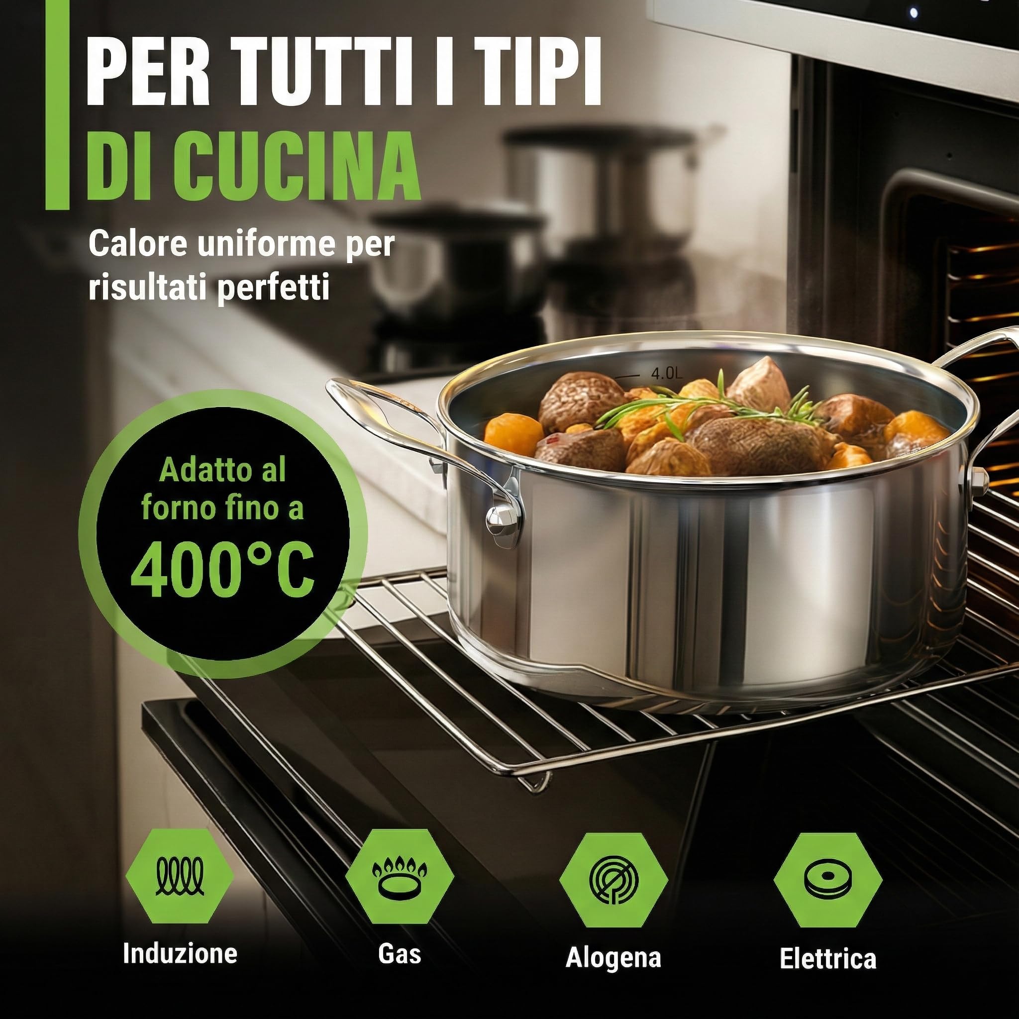 Pentola Ø 20 cm 3 l – 1,8 kg – altezza 10 cm – pentola in acciaio inox a induzione – moderno coperchio piatto in vetro – 5 strati – piccola pentola a risparmio energetico