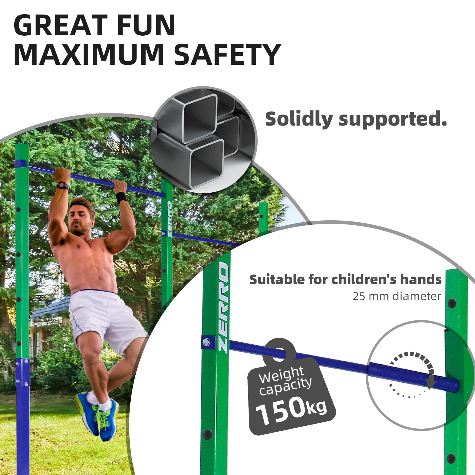 ZERRO Reckstange Outdoor Turnreck bis 150kg belastbar, Höhenverstellbar Doppelte Turnstange grün-blau