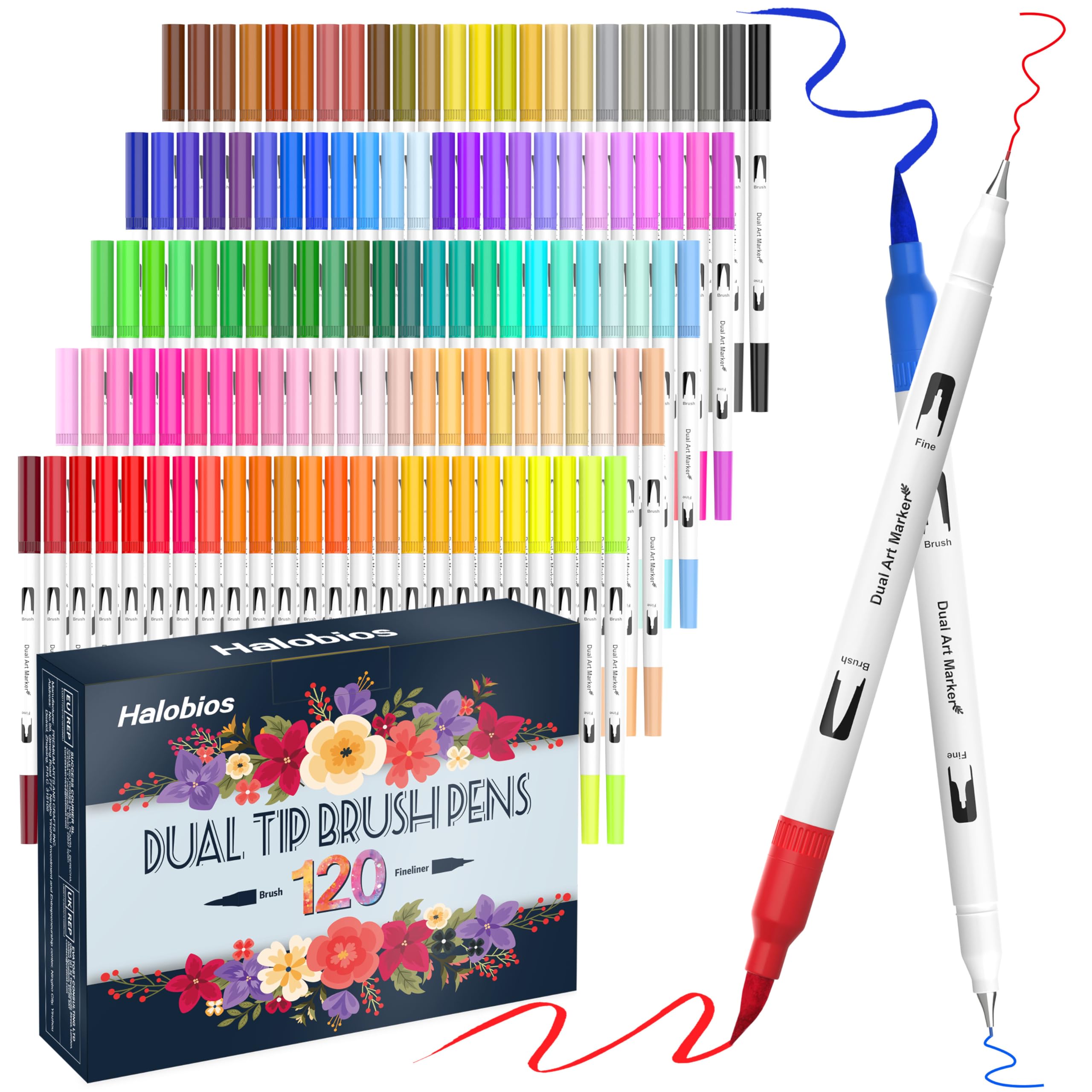 Halobios 120 Color Dual Tips Brush Pens, Fine and Brush Tip Markers with Swatch Card for Adult Coloring, Art Markers Set for Journaling Calligraphy