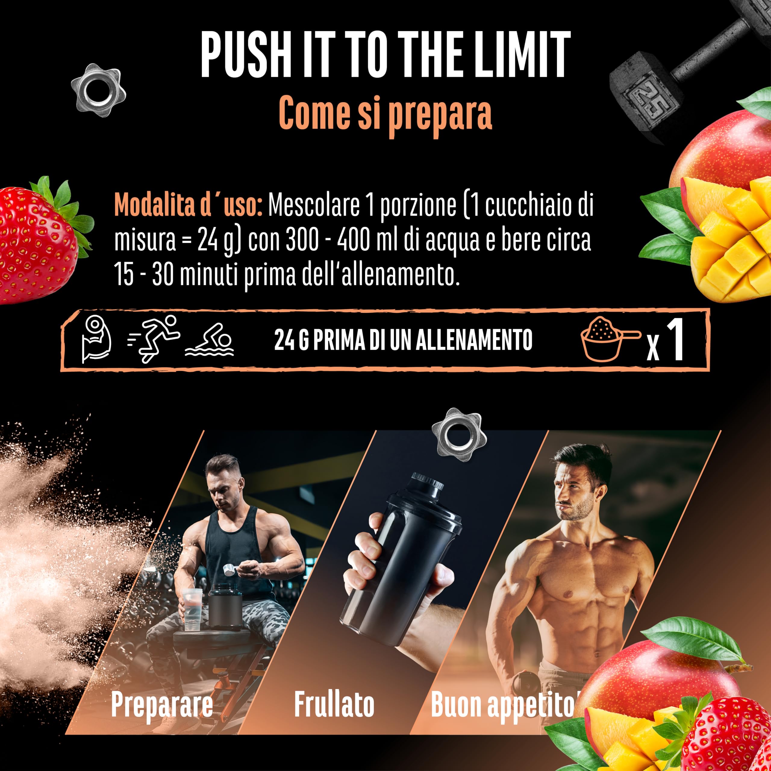 Push it to the Limit - Pre-Allenamento con L-Arginina + Citrullina + L-Tirosina + L-Teanina + L-Carnitina + AAKG + Taurina + Radice di Rosa Rhodiola + Caffeina - Dose elevata - 360 g - Mango Fragola