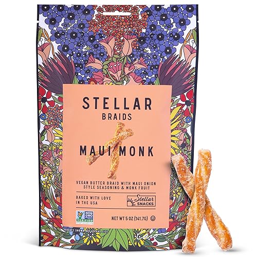 Stellar Pretzel Braids, Maui Monk Sweet Onion, 5 Oz (Pack of 6), Gourmet Pretzel Sticks, Vegan, Kosher, Non GMO, Peanut Free, Healthy Snack - Maui Monk - 5 Ounce (Pack of 6)