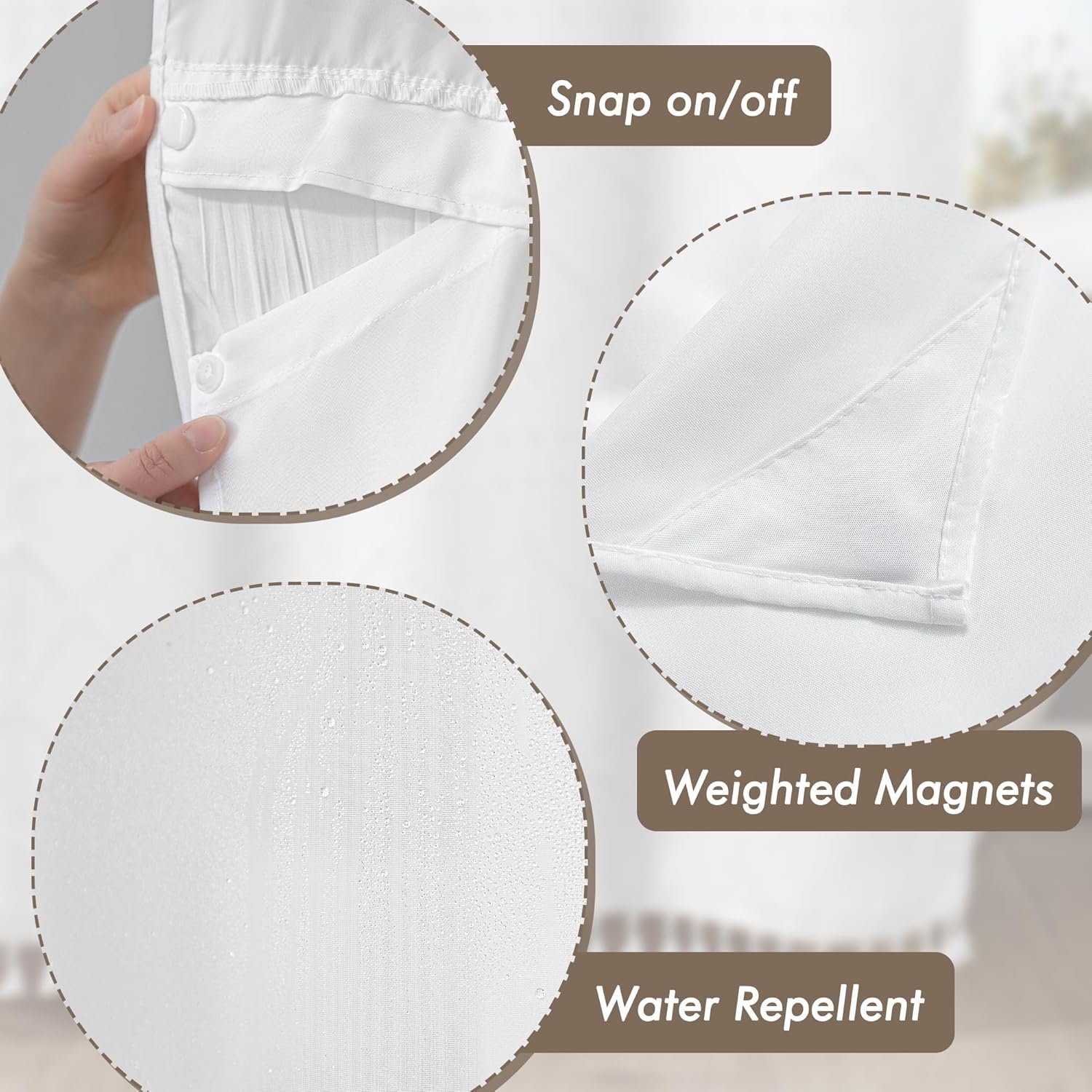 ROSERY No Hook Ruffle Shower Curtain with Snap in Fabric Liner Set, Ruched Vintage Farmhouse Shower Curtain for Bathroom with See Through Window, Ruffle Pattern, 71" W x 74" L