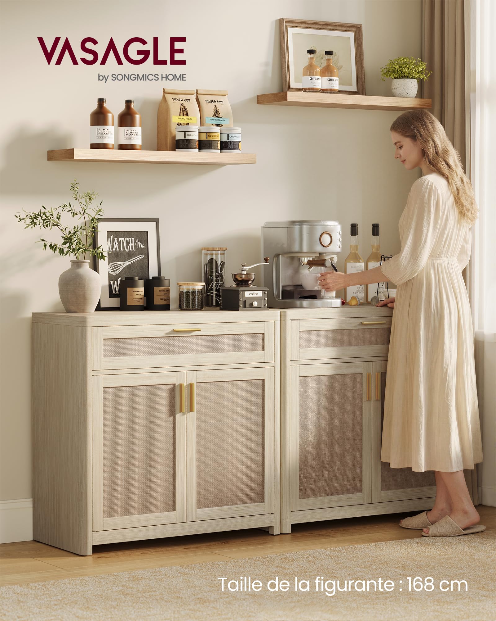 VASAGLE Collection ELLAN – Buffet de Style Bohème avec Portes Effet Cannage Rotin, Meuble de Rangement, Coins Arrondis, Étagère Réglable, Tiroir, pour Cuisine, Salle à Manger, Beige Naturel BBK601LC01