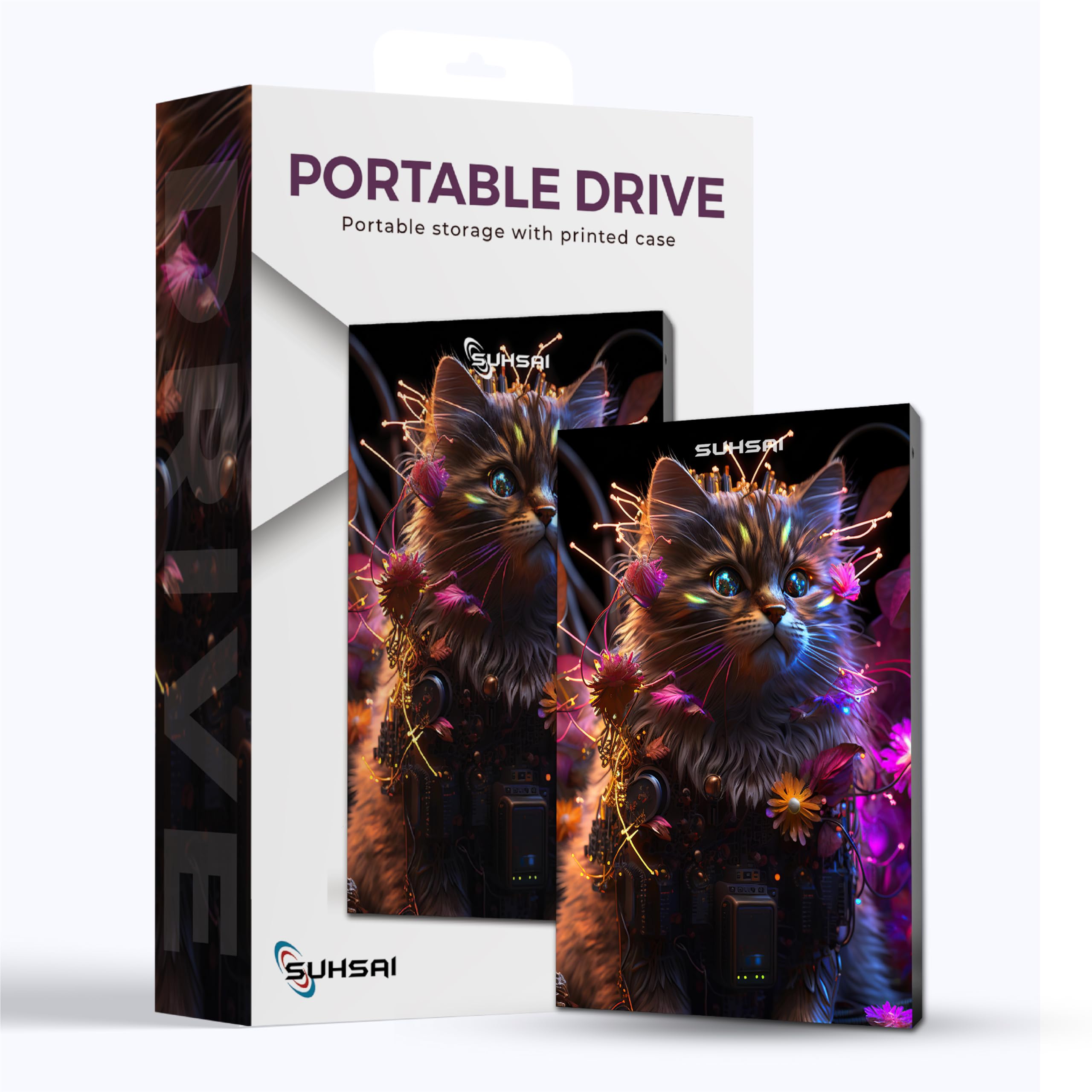 SUHSAIExternal Portable Hard Drive USB 3.0 Cat Printed Ultra Design Slim Memory Expansion HDD- 2.5" Slim Storage & Backup Hard Disk Compatible with MAC, PC, Desktop, PS4, PS5, Xbox (1TB, Black)