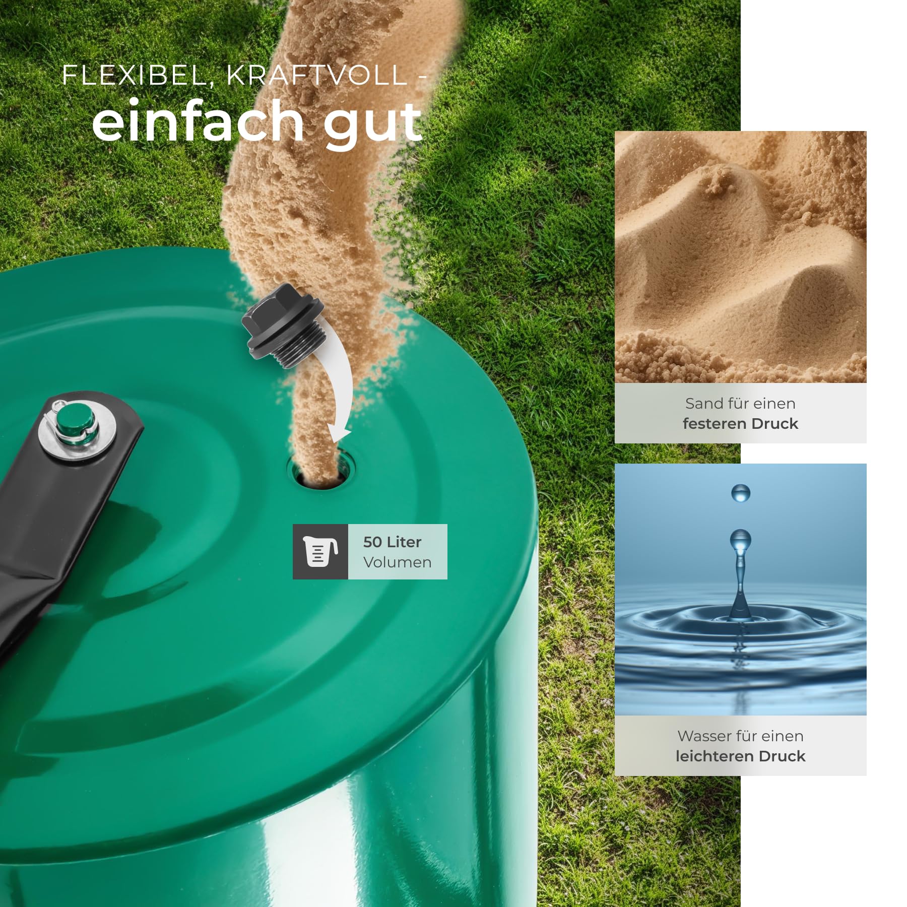 tectake® Rasenwalze befüllbar, Füllvolumen: 50 L, Breite 60 cm, Rasenrolle zur Boden Verdichtung, mit Schmutzabstreifer, Bodenwalze, Gartenwalze zur Einarbeitung von Rasensamen Grassamen Rasenkalk