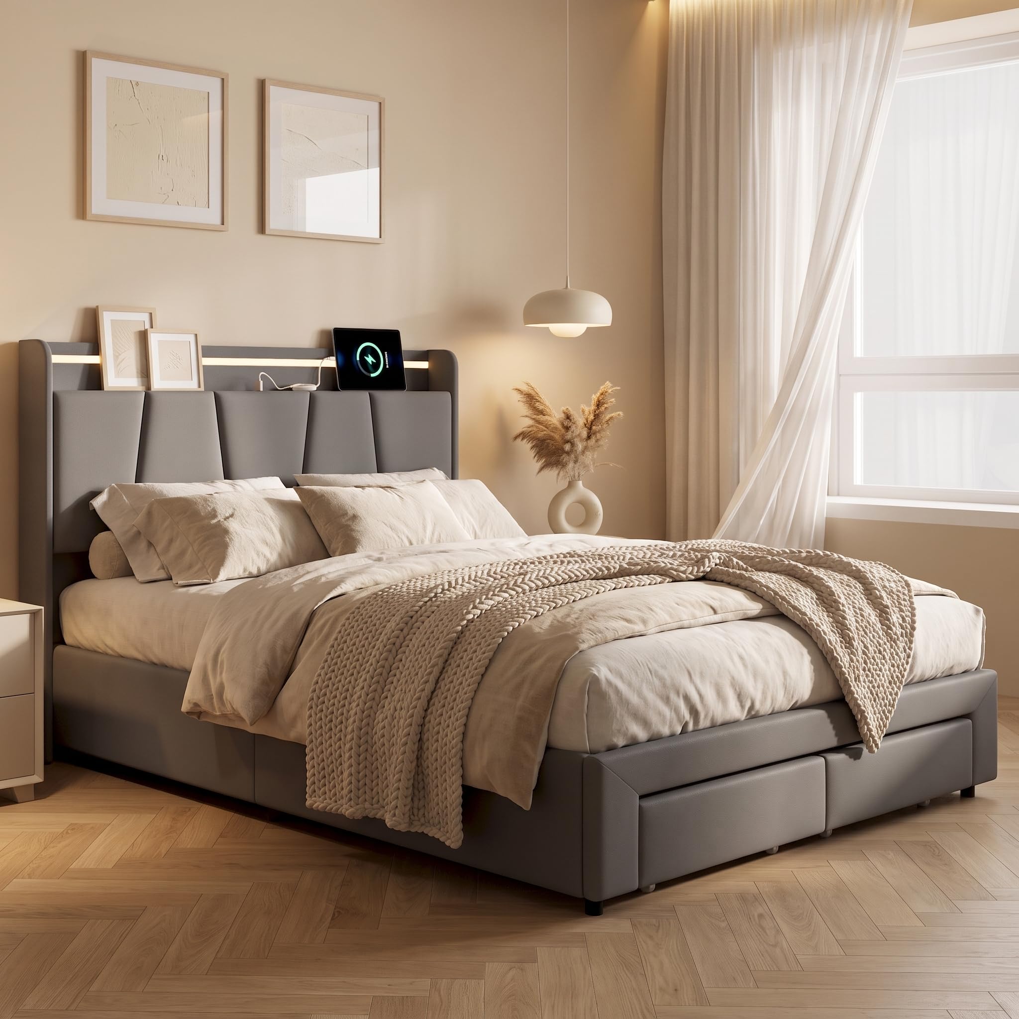 Podwójne łóżko 160 x 200 cm z LED, Hydrauliczne łóżko tapicerowane z szufladą, podwójne łóżko ze schowkiem pod łóżkiem, stelaż z drewna, schowek i zagłówkiem, len (szary A, 160x200 cm)