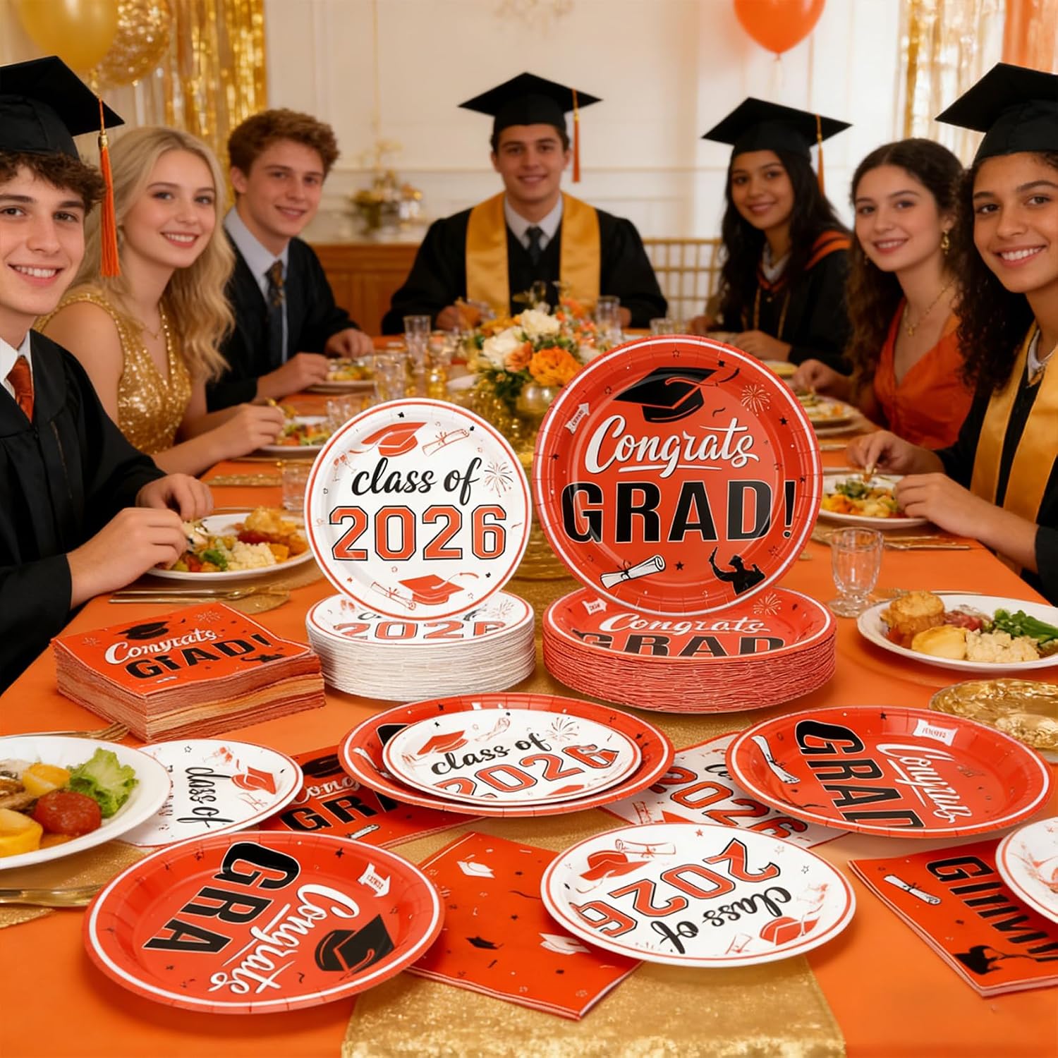 Graduation Paper Plates and Napkins 2026, Class of 2026 Graduation Party Supplies, Disposable 9" Orange Dinner Plates 7" Dessert Plates Graduation Tableware for Graduation Party Decorations, Serves 50