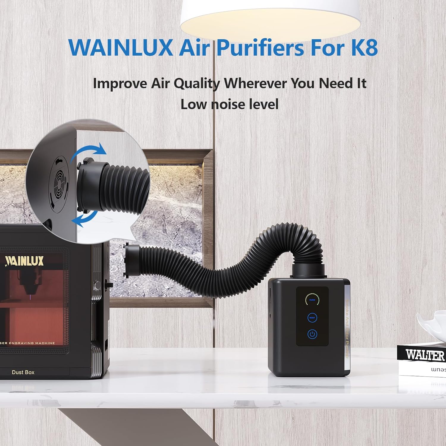 Air Purifier for WAINLUX K8 & K10 Laser Engraver, Fume Extractor for Enclosed Laser Cutter, 3-Stage Filtration, 99.97% Purification Rate