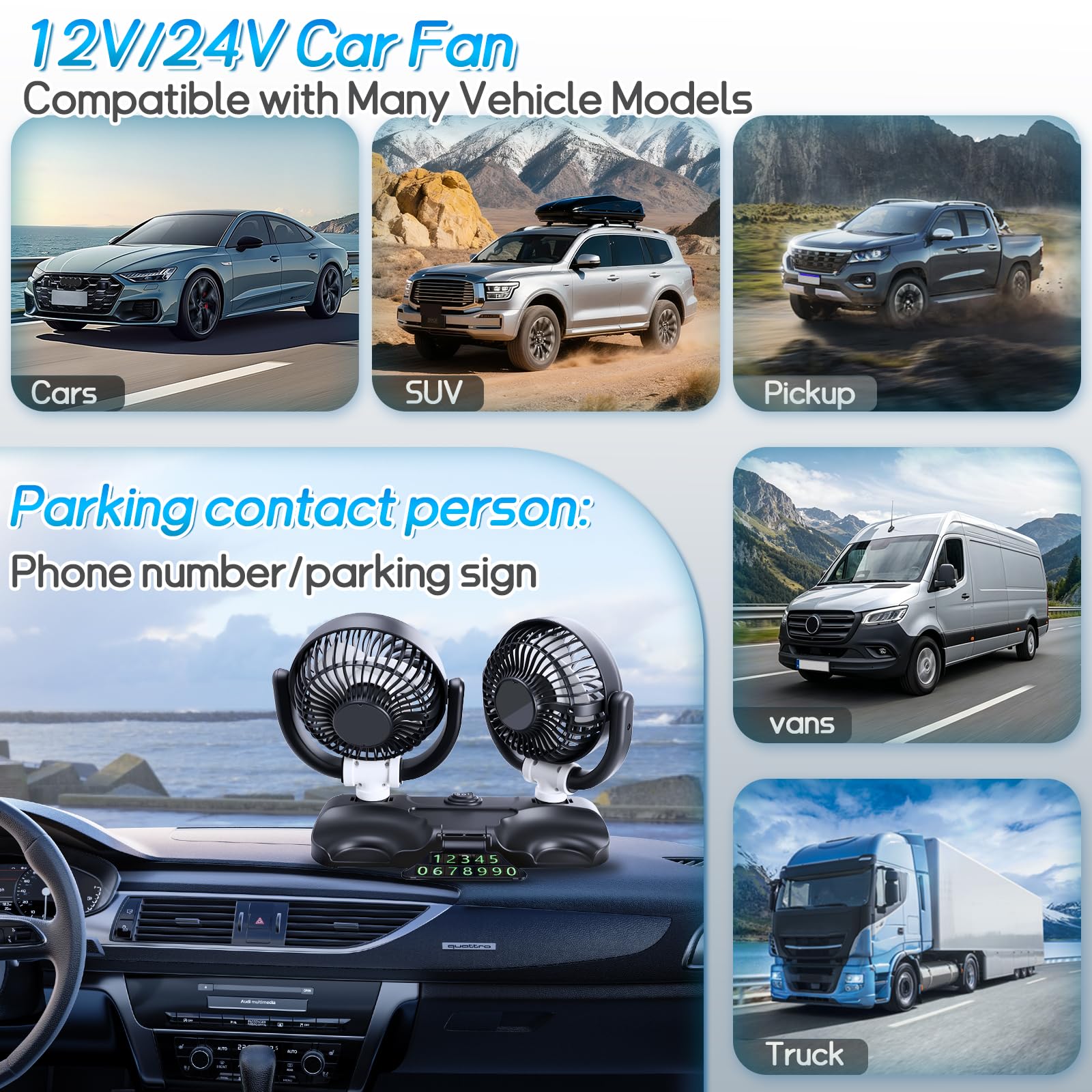 D-Lumina Ventilatore per auto, girevole a 360°, doppia testa, 12 V, con USB, 2 velocità, aria condizionata, per SUV, camper, ATV, barca, auto, targa con adesivo gratuito