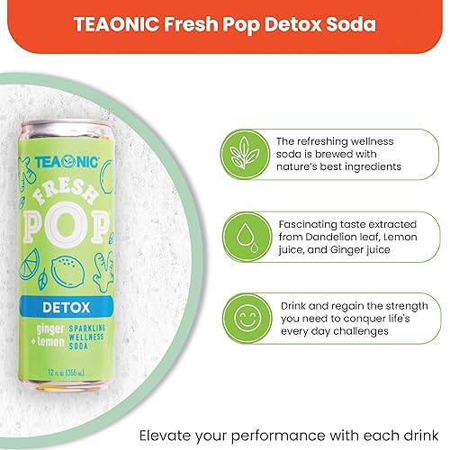 Miniatura 4 de TEAONIC Fresh Pop Detox Soda con hoja de diente de león, limón, jugo de jengibre, jugo espumoso alimentado por plantas, refresco bajo en calorías,