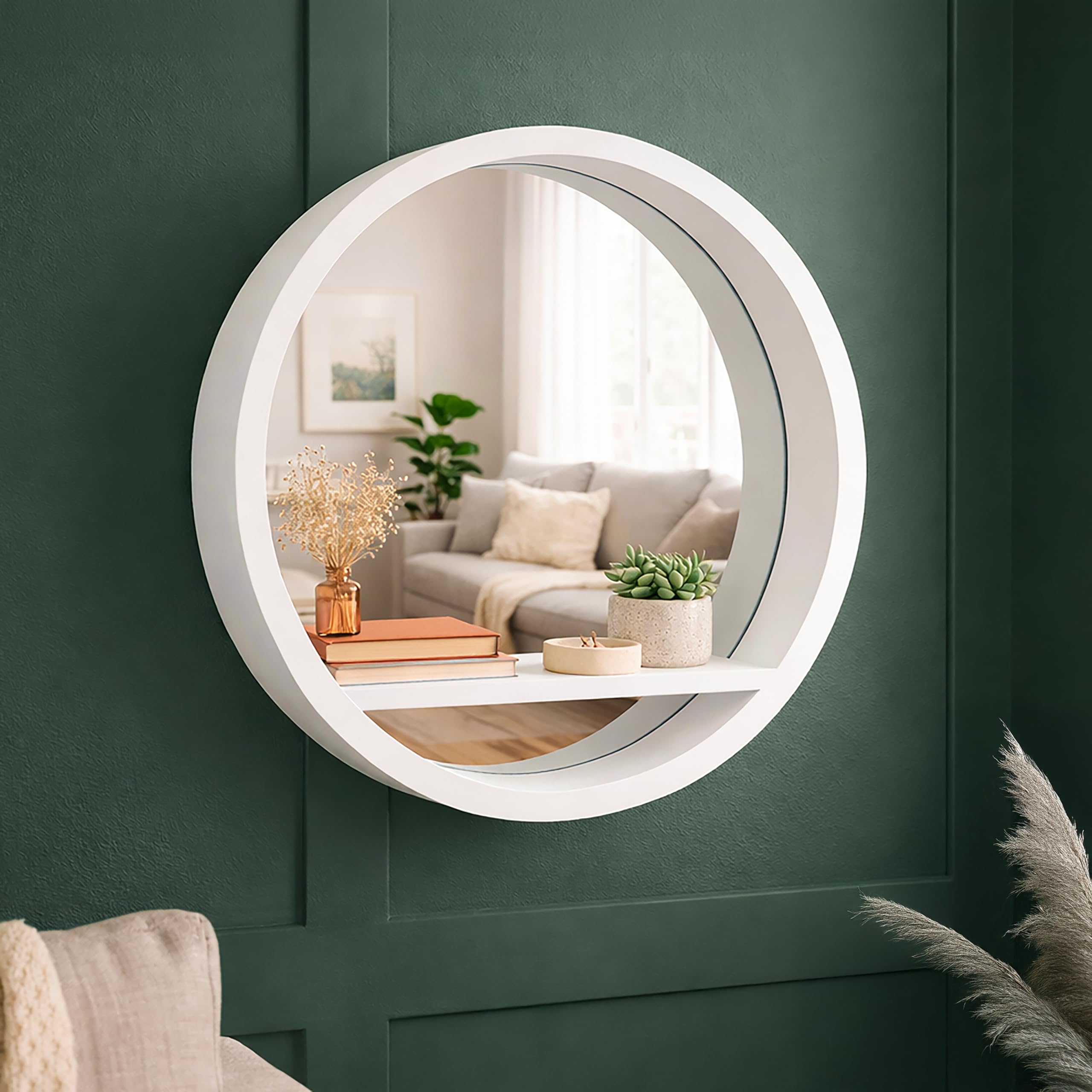 HomeZone 35cm White Round Wall Mirror with Shelf White Wooden Hanging Mirror, Circular Floating Shelf, Wall Mounted Vanity Mirror for Hallway Bedroom Entryway, Wooden Frame