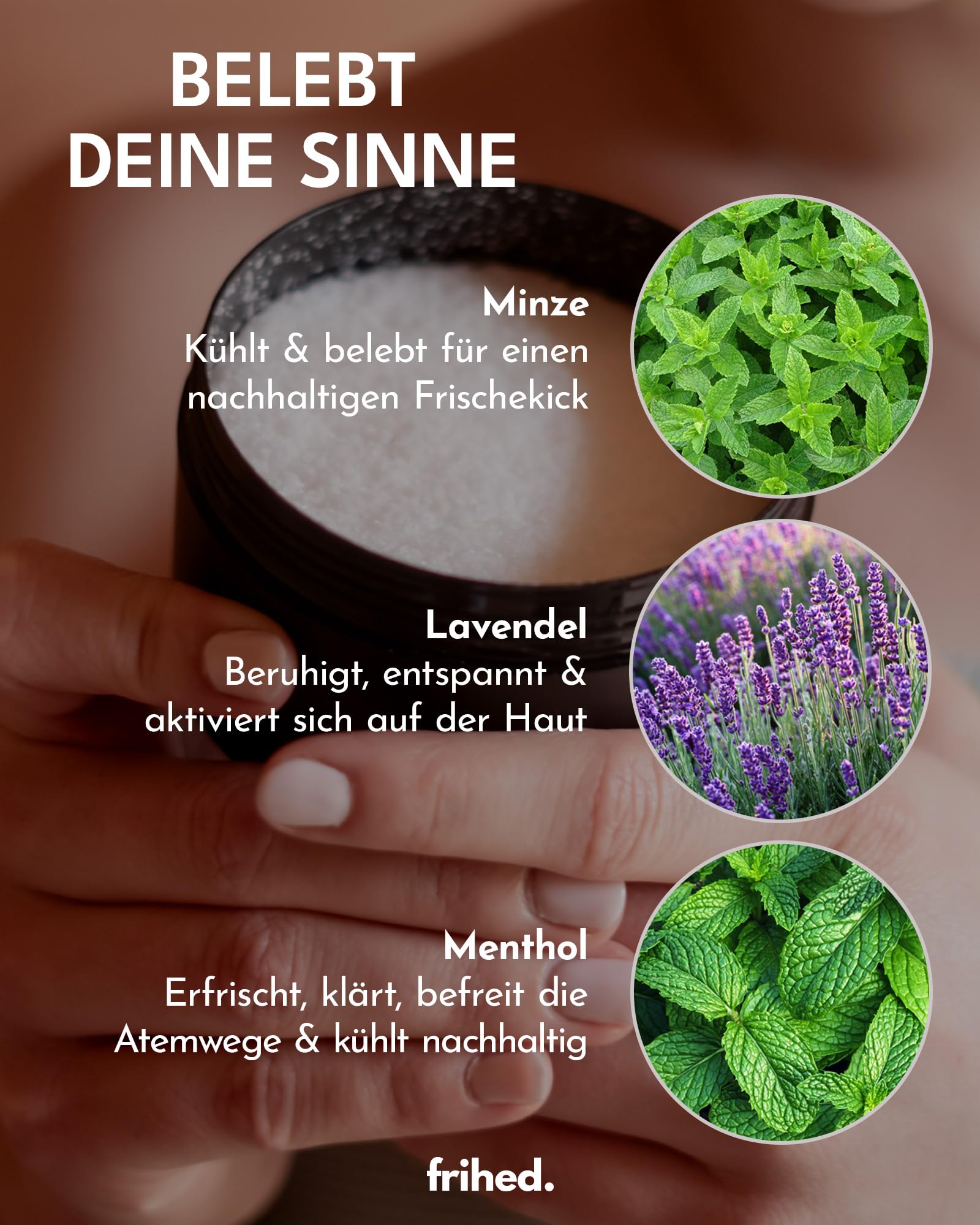 frihed.® Frozen Harmony Sel exfoliant de qualité supérieure avec parfum lavande, menthe et menthol, idéal après le sauna, la douche et le hammam – 200 g