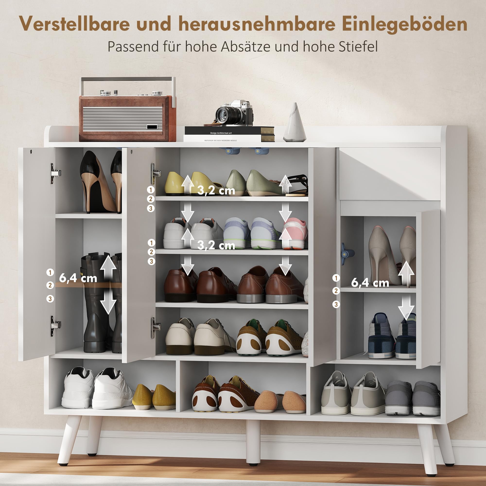 HOMCOM Schuhschrank mit 4 Tür, Druck-zum-Öffnen 120 x 35 x 100 cm Weiß