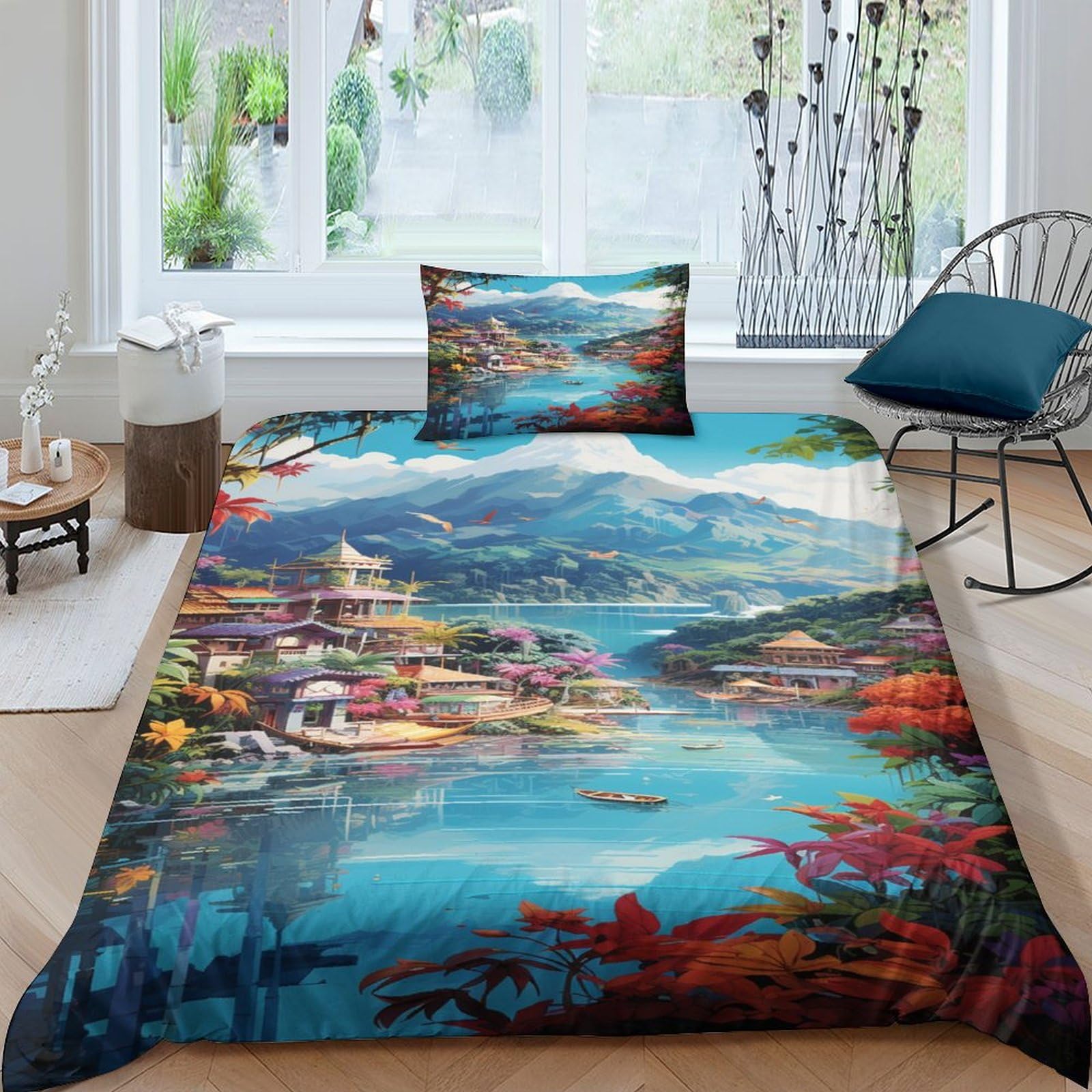 Housse de couette 135x200cm motif baie vacances avec 2 taies d'oreiller microfibre